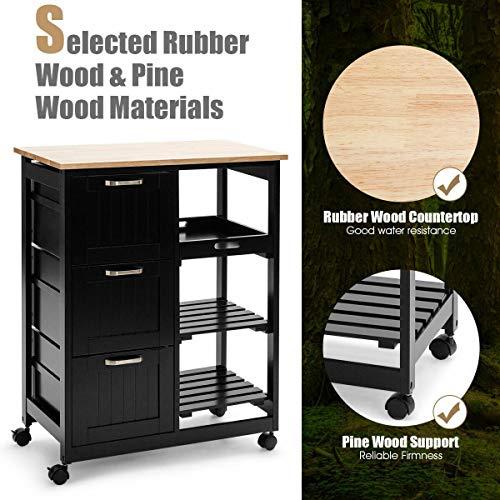 LHONE LHONE Rolling Kitchen Island Cart 3-Tier Industrial Wood Trolley Serving Cart Storage Cabinet Utility Cart on Wheels & Three Storage Drawers (Black)