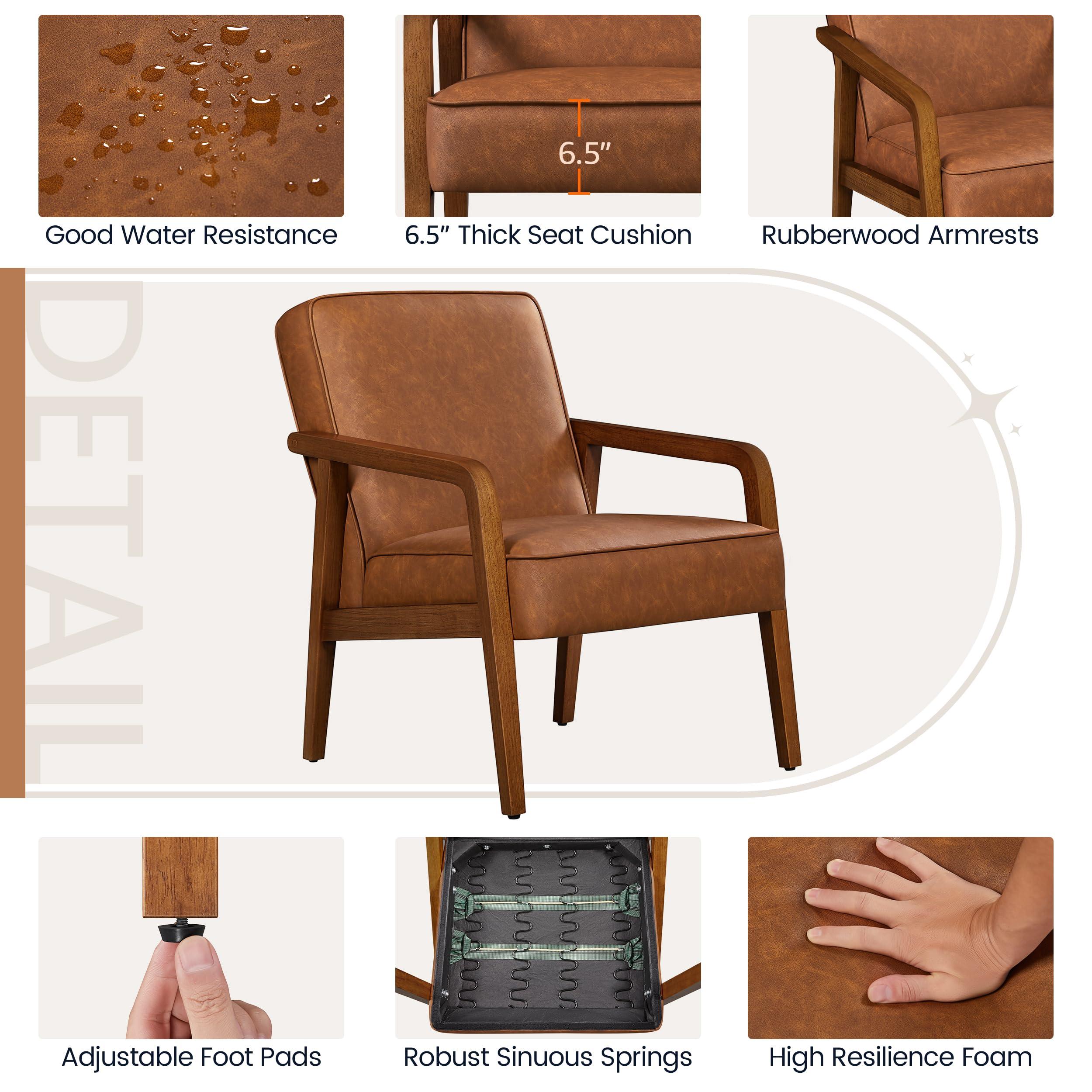 Yaheetech Yaheetech Accent Chair, PU Leather Reading Chair, Mid Century Modern Arm Chair with Solid Wood Frame for Living Room Bedroom Waiting Room, Light Brown