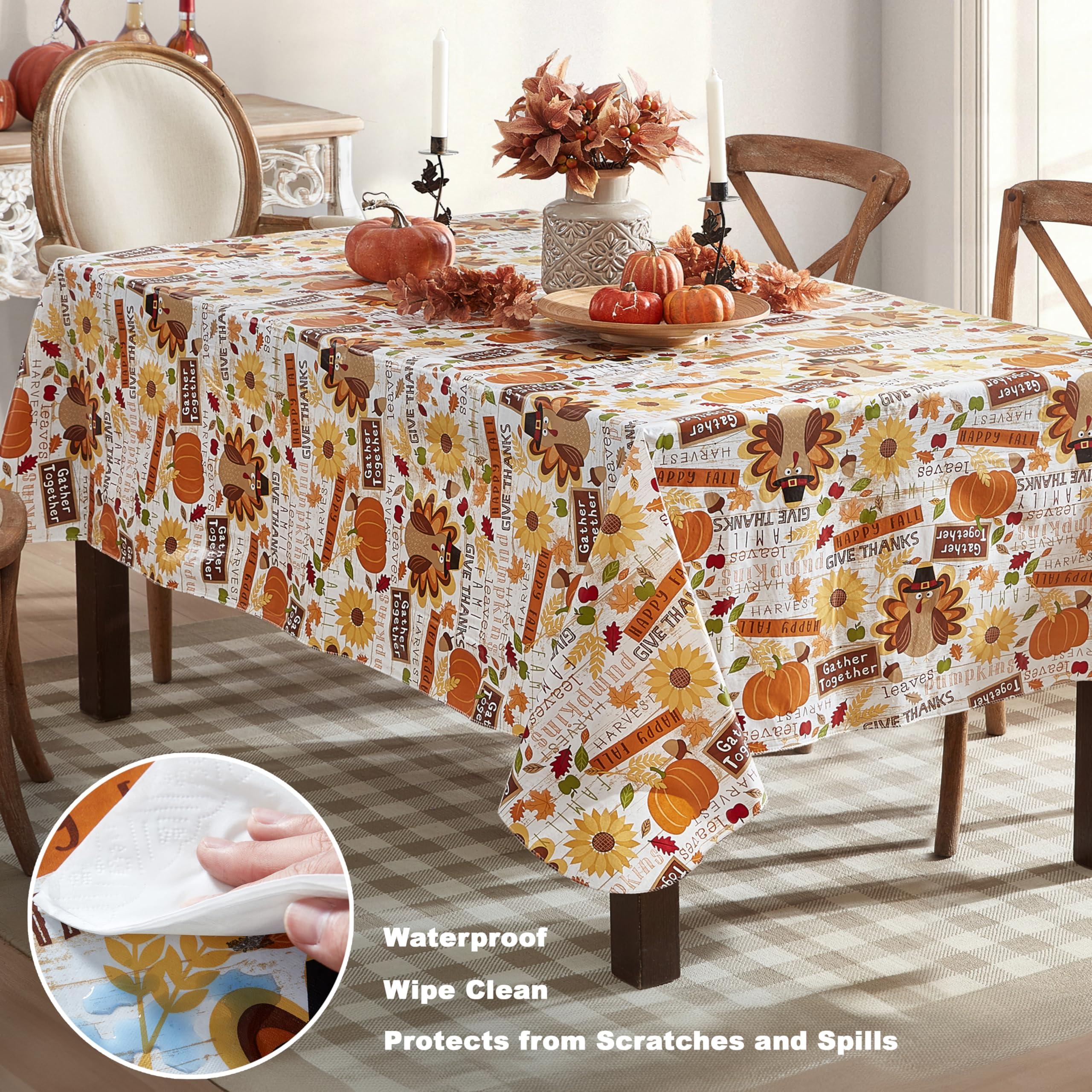 Newbridge Newbridge Happy Thanksgiving Turkey Vinyl Flannel Backed Tablecloth, Whimsical Fall Harvest Kitchen Dining Room Easy Care Vinyl Tablecloth with Flannel Backing Tablecloth, 52 x 70 Oblong/Rectangle