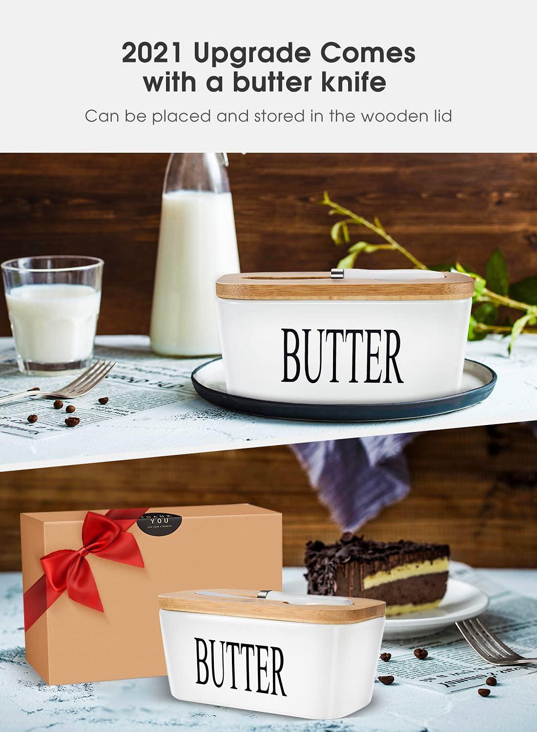 AISBUGUR AISBUGUR Butter Dish with Lid Ceramics Butter Keeper Container with Knife and High- quality Silicone Sealing Butter Dishes with Covers Good Kitchen Gift, Set of 2, White