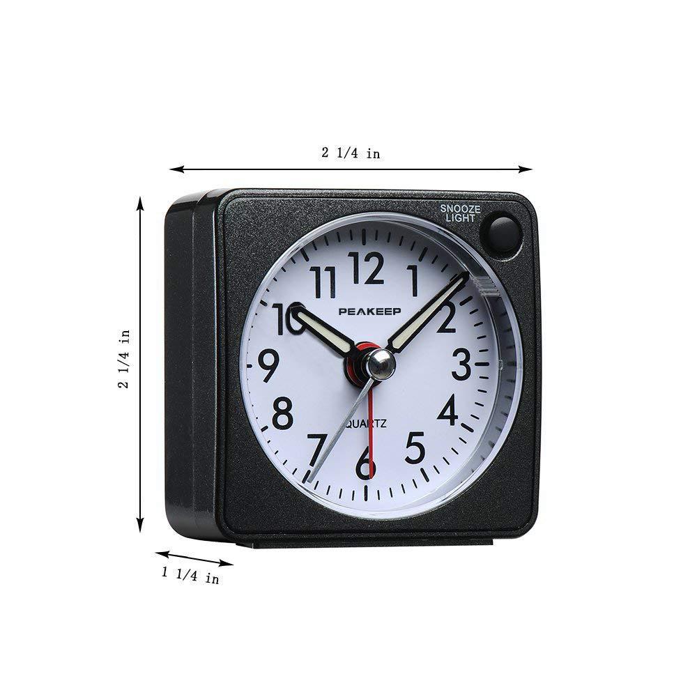Peakeep Peakeep Ultra Small, Battery Travel Alarm Clock with Snooze and Light, Silent with No Ticking Analog Quartz (Black)