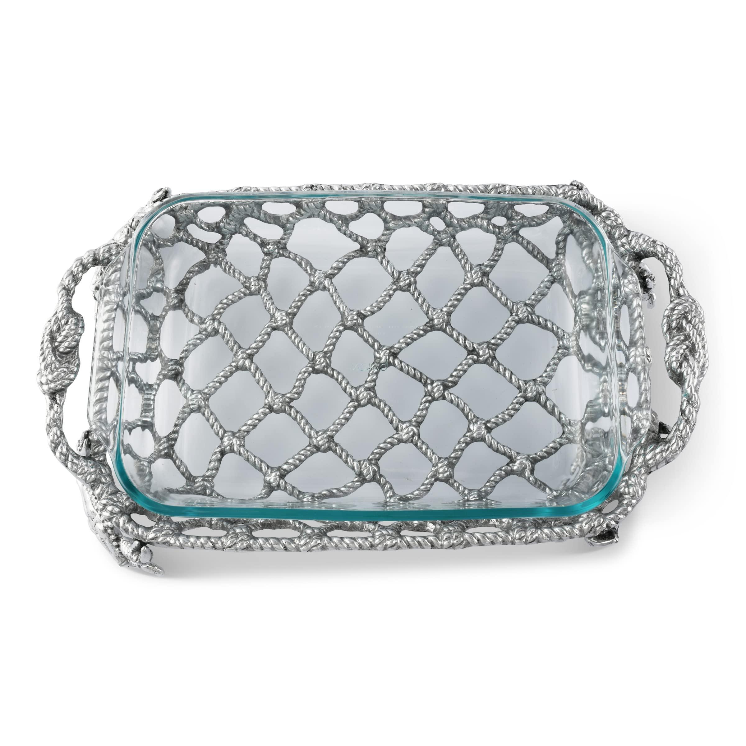 Arthur Court Arthur Court Metal Crab and Net Casserole Dish Holder Ocean Pattern Casted in Aluminum with Artisan Quality Hand Polished Design Tarnish-Free 21 inch Long 3 Quart Removable Glass Dish Included