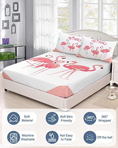 ZFUNCING Romantic Summer Flamingo Love Heart Tropical Animal Fitted Bed Sheets Twin Size Fit 5-16inch Deep Pockets,Luxury Bottom Sheet Bedding Set with Pillow Case,Pink White Fitted Sheet for Mattress