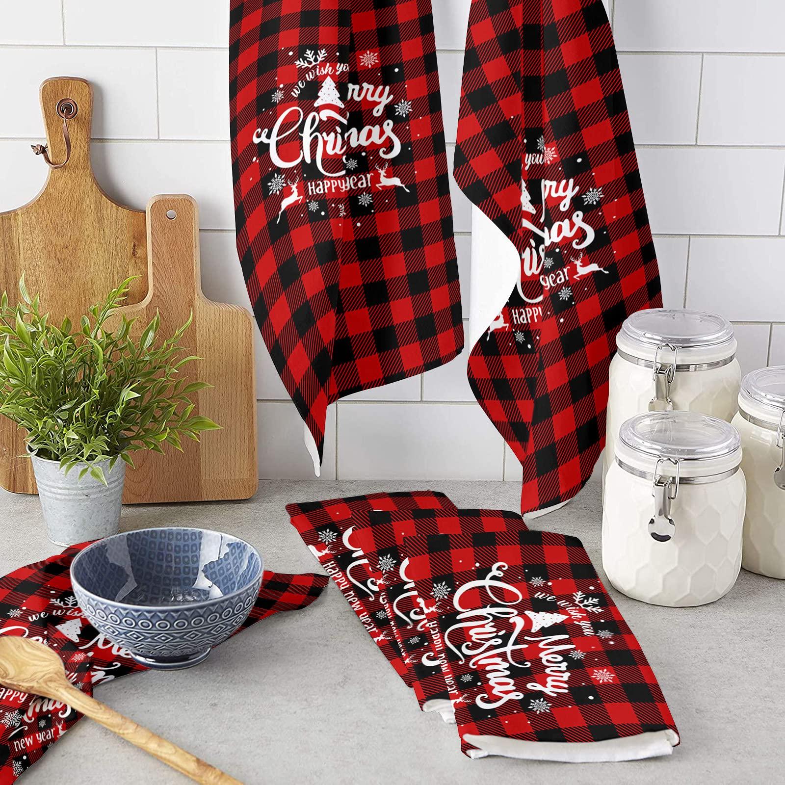 YOKOU YOKOU Kitchen Towel, Merry Christmas Tree Snowflakes Elk Winter Red and Black Plaid Absorbent Dish Cloths Soft Towels Hand Towels Tea Towels for Bathroom Tubs Shower, Pack of 1, 18x28 Inches