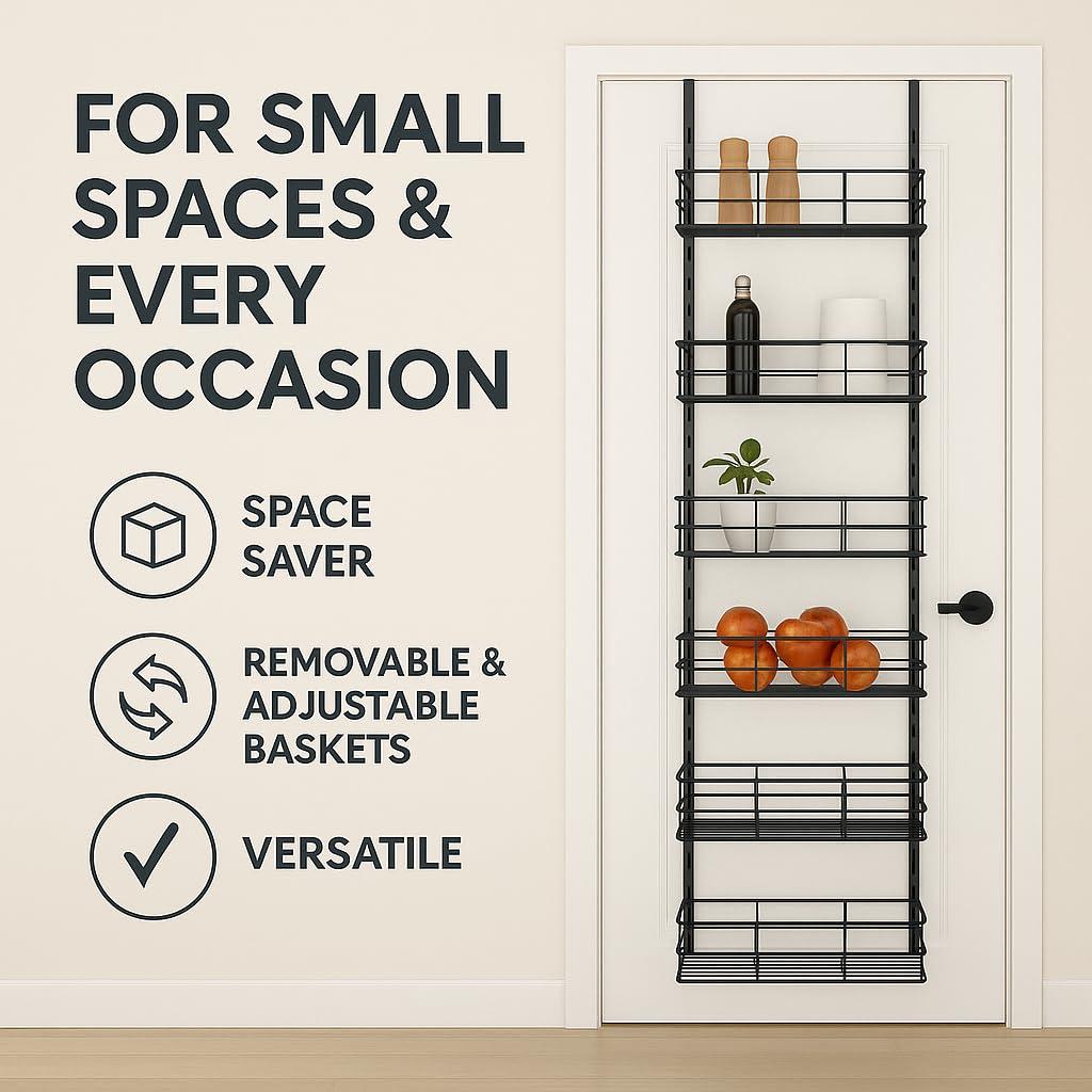 USTECH USTECH 6-Tier Heavy Duty Over The Door Pantry Organizer, Metal Hanging Storage Rack with Wired Tubing, Adjustable Shelves for Kitchen, Bathroom, Closet, Space-Saving Design, Black
