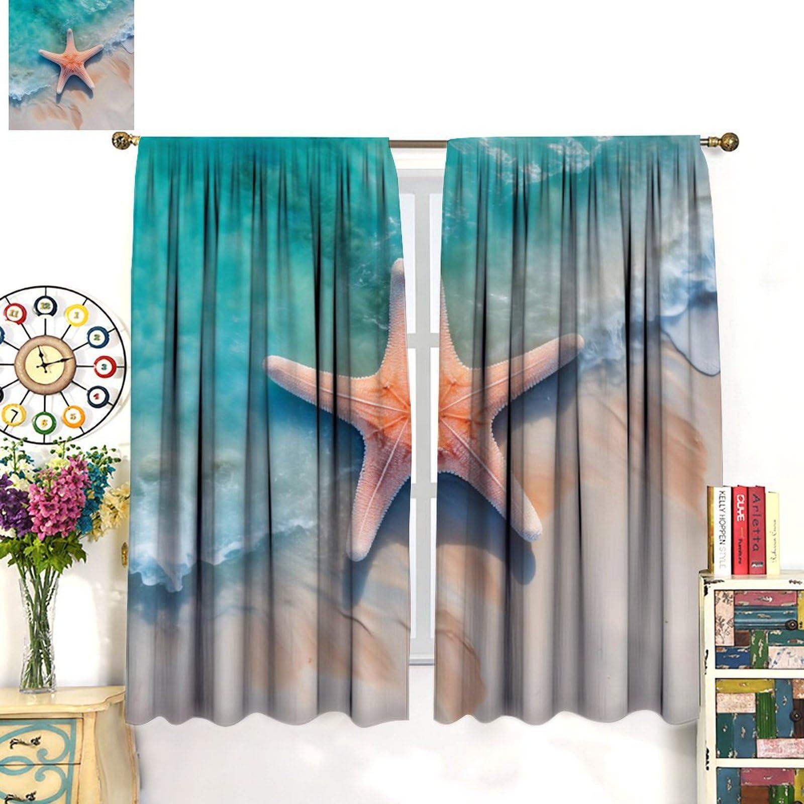 YungHo YungHo Starfish Curtains, Summer Holiday with Seashells Starfish and Palm Tree Ocean Print Window Drapes, 26" W x 84" L x2Blackout