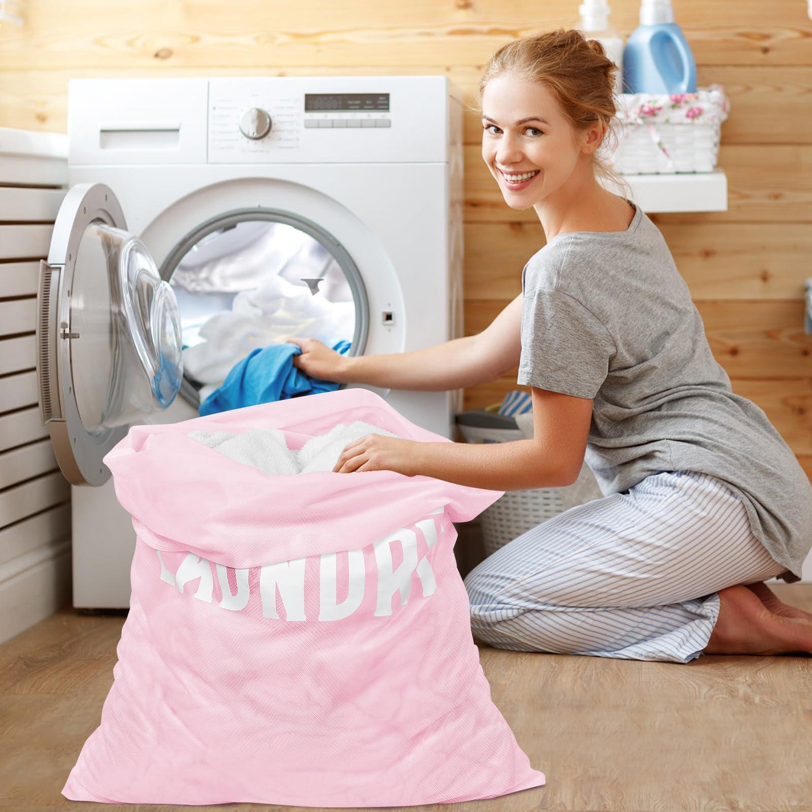 Fiodrimy 2 Pack Large Mesh Laundry Bag, Heavy Duty Laundry Bags with Drawstring, Laundry Hamper Liner, Machine Washable, for Travel, Storage, Sports, Dorms and Apartment Dwellers, 24 x 36 Inches (Pink+Green)