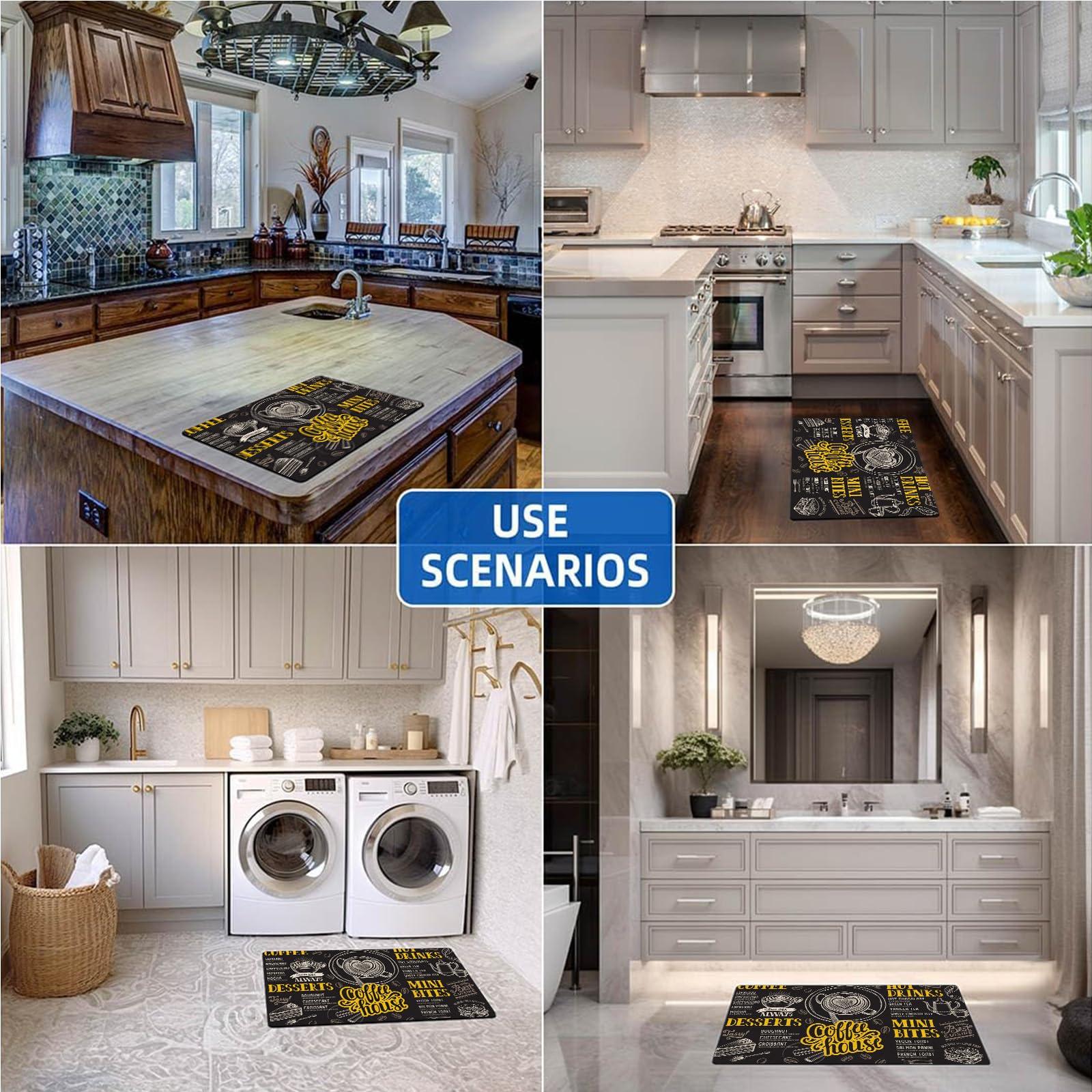 MiZuH Coffee House Area Rug, 3x6 Entry Rug Non-Slip Washable Indoor Door Mat, Stain Resistant Waterproof PU Leather Rug for Bedroom Kitchen Entryway Bathroom (Black/Gold)