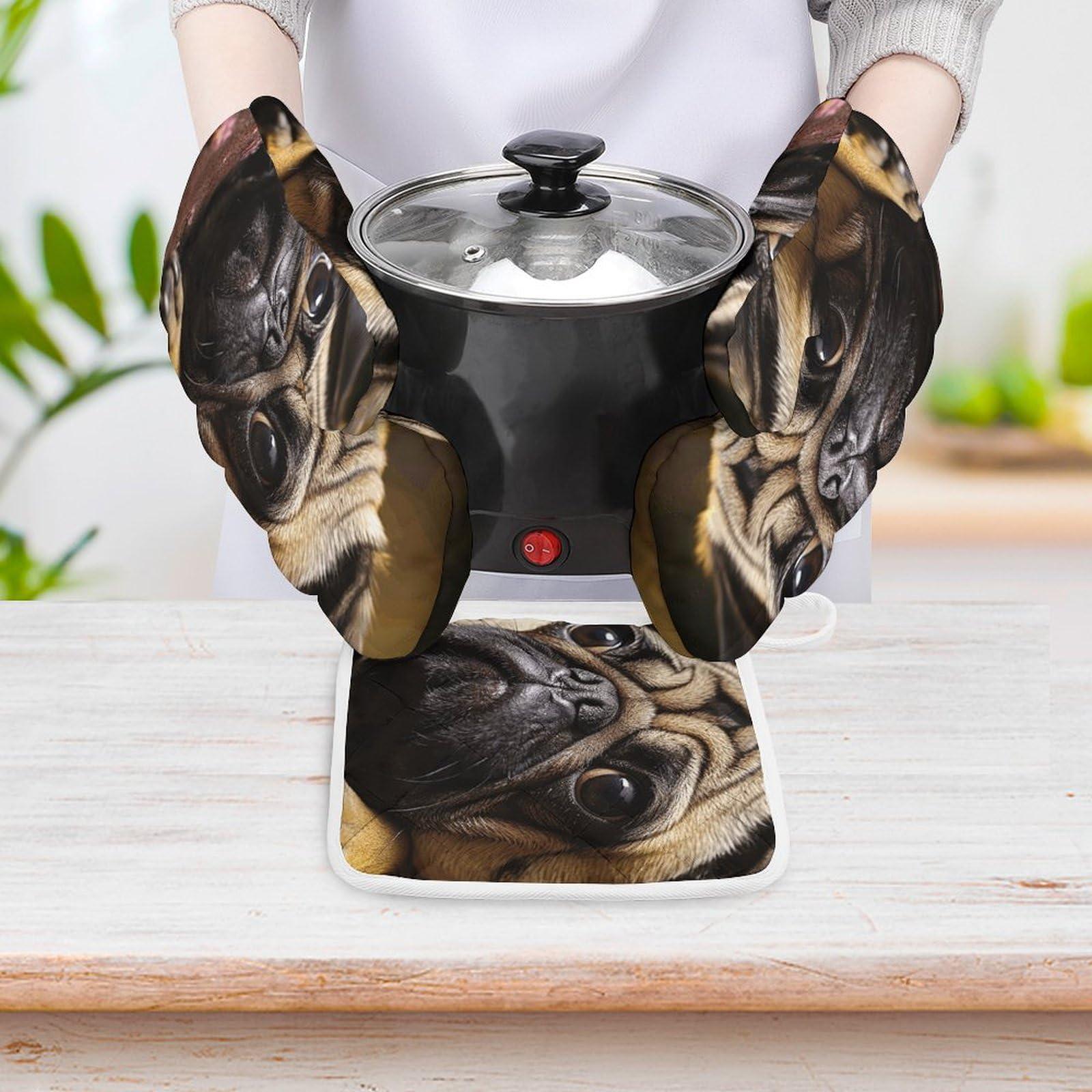 LZQPOEAS Oven Mitts and Pot Holders 3 Pcs Set Oven Glove Cry Pug Oven Mitt Heat Resistant Kitchen Oven Gloves for Cooking Hot Pads Non-Slip Cooking Gloves for Baking Kitchen Hot Pads for Grilling Microwave