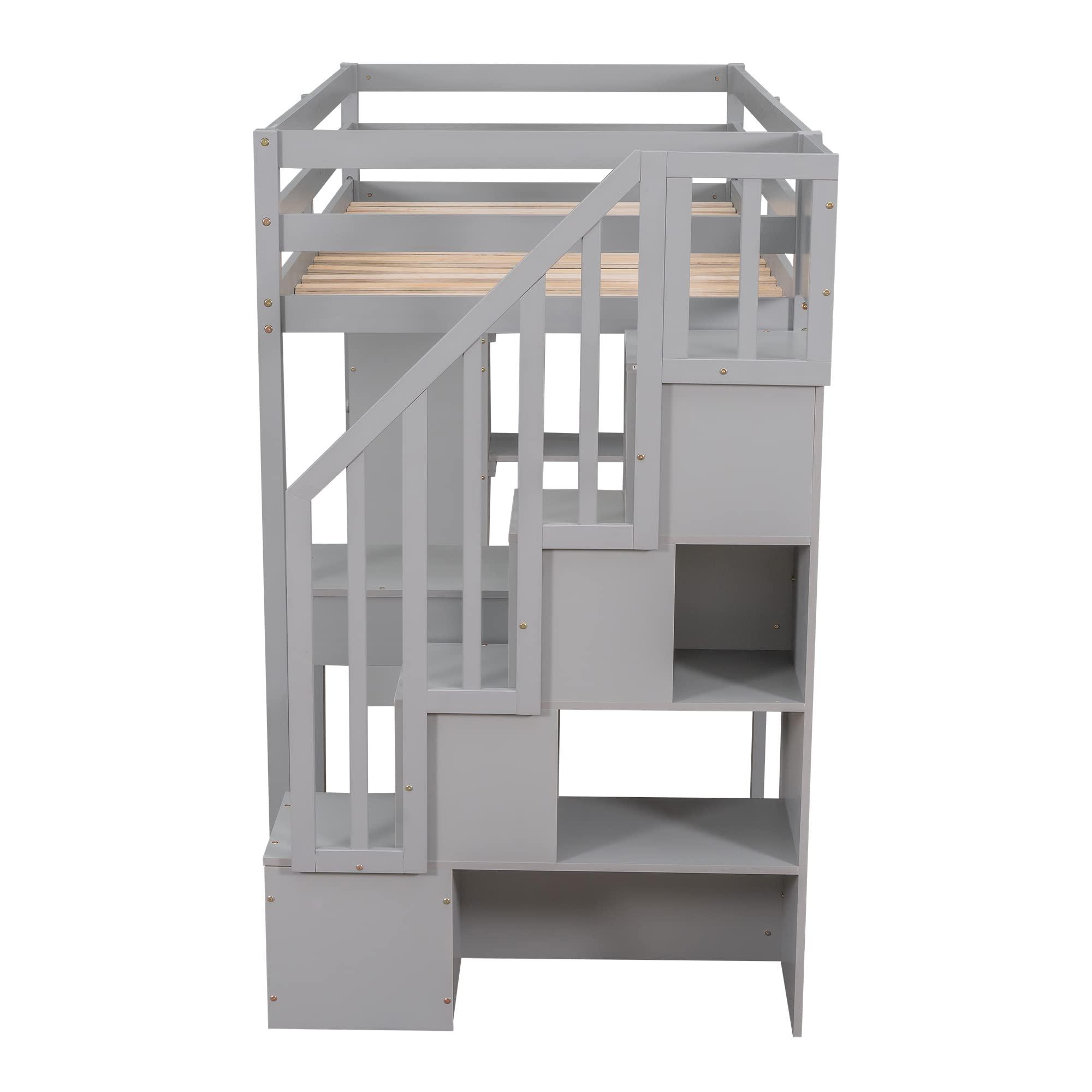JIVOIT JIVOIT Wooden Twin Loft Bed Frame with Built-in Desk and Storage Stairs, Storage Loft Bed with 4 Storage Drawers and Shelves, Multifunctional Loft Bed for Kids Teens (Gray-Desk-6)