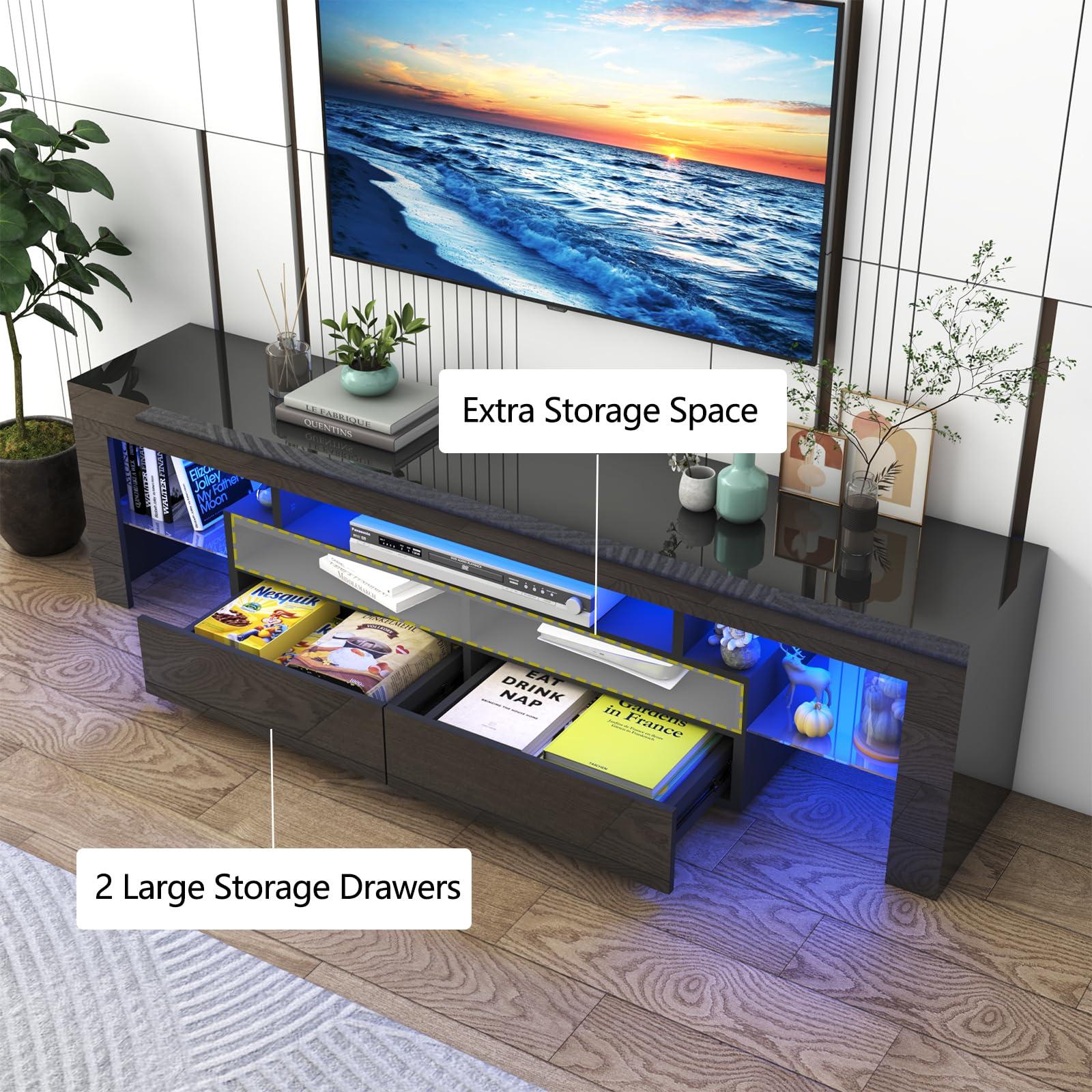 Vinctik 6&Fox Vinctik 6&Fox 70in LED TV Stand for 75/80/85 inch TV,Modern Black TV Stands for Living Room,High Gloss TV Entertainment Center with 2 Large Storage Drawer,APP RGB Light,TV Console(71in Black)