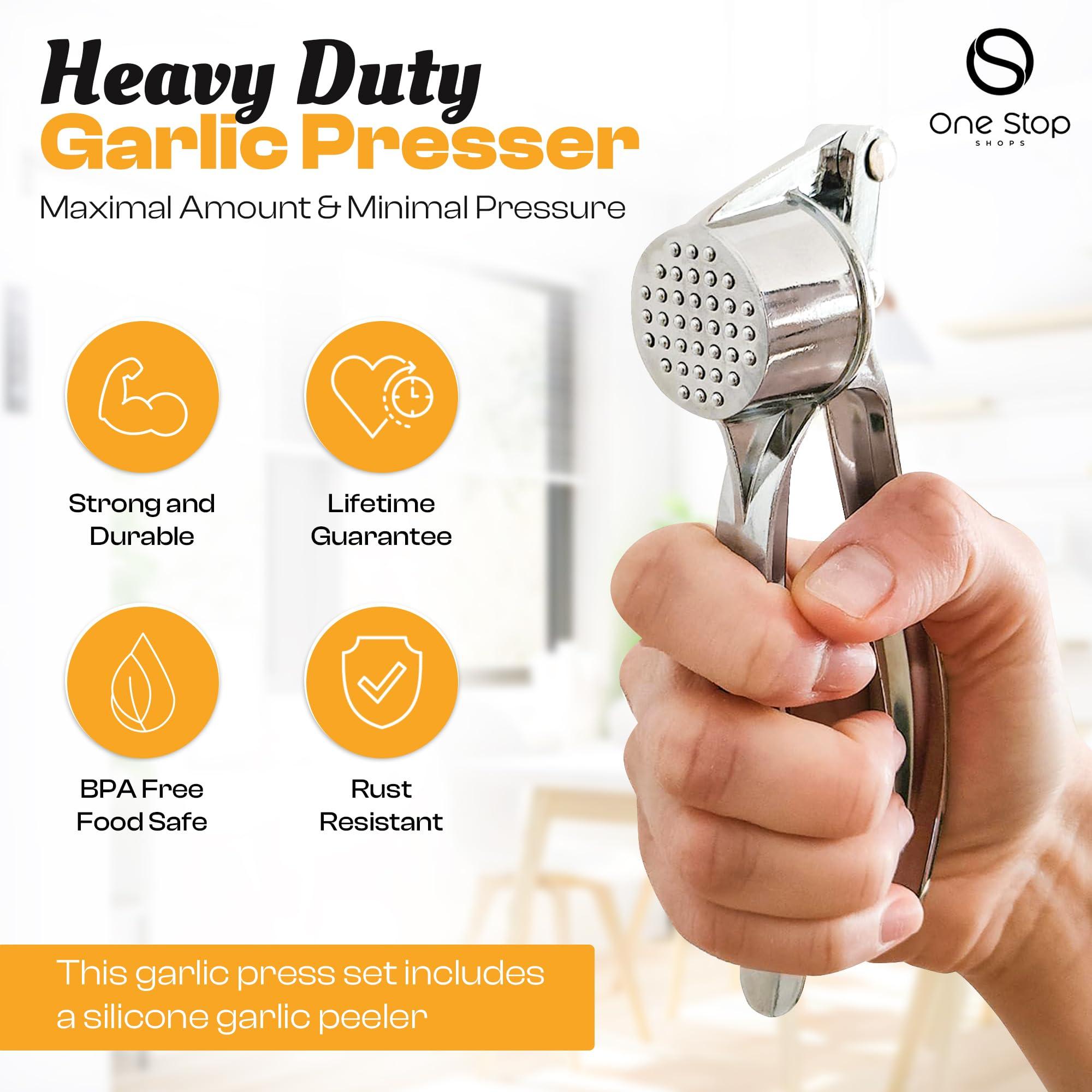 One Stop SHOPS Garlic Press Premium 3 Piece Set - Dishwasher Safe Professional Mincer with Soft Ergonomic Handle, Silicone Peeler, and Cleaning Brush