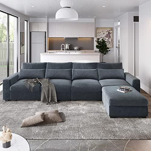 PONLEE Extra Wide Deep Seat Feather Filled Convertible Modular Sectional Sofa Cloud Couch with Reversible Chaise and Waist Pillows, 6 Seater Oversized Sleeper Lounge Sofa&Couches for Living Room Office