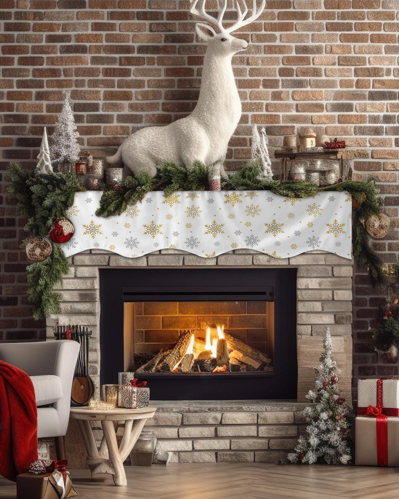 Chees D Zone Fireplace Scarf Christmas Gold Grey Snowflake White Mantel Scarf Fireplace Top Runner Mantle Scarves Cover,Winter Abstract Snow Fireplace Mantle Table Runner for Party Holiday Home Decor 90x17in