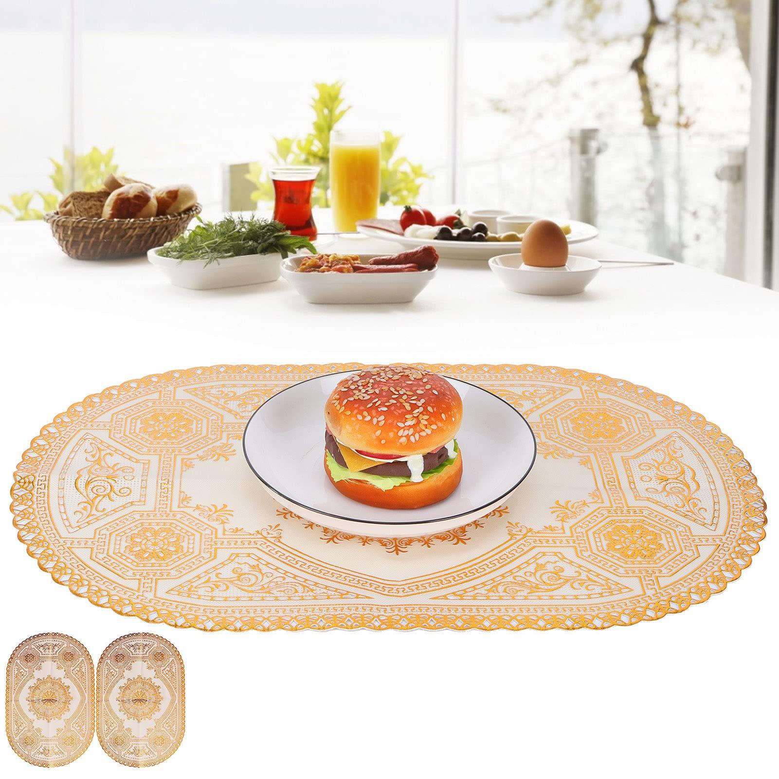 Enforose Gold Placemats 2Pcs Gold PVC Table Mats Placemats and Cup Coaster Pads for Kitchen, Restaurant, and Wedding Decoration (Oval Pattern 03)