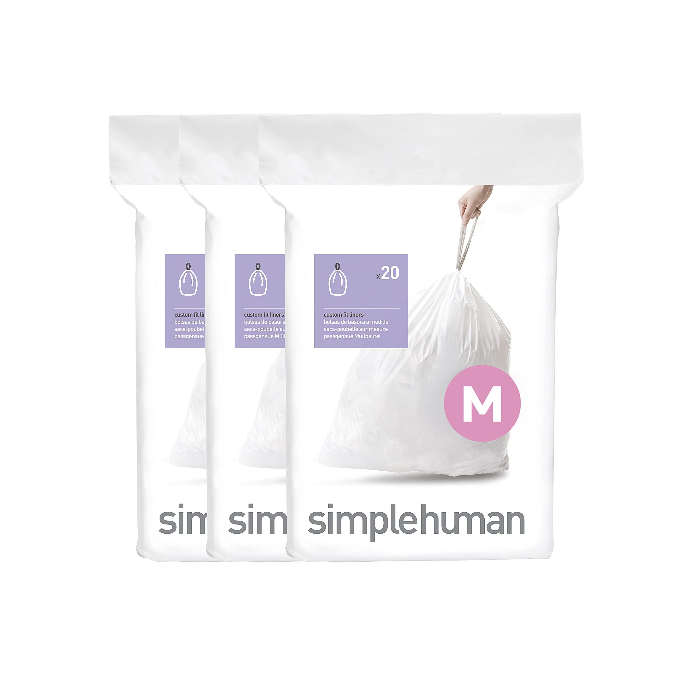 simplehuman simplehuman Code M 60 Count, Genuine Custom Fit Liners, Drawstring Trash Bags in Dispenser Packs, 45 Liter / 11.9 Gallon, White