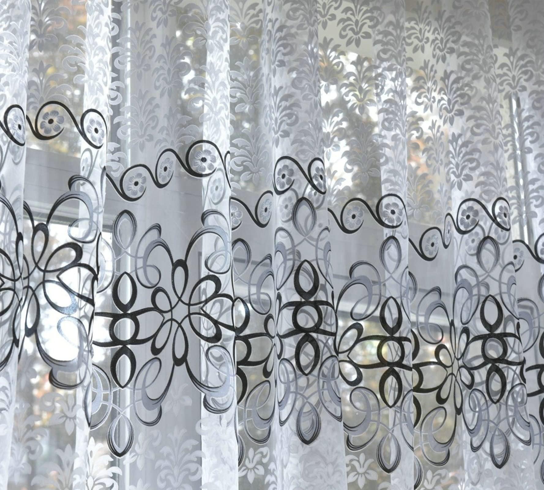 KnBoB KnBoB Sheer Window Curtains 54 Inch Length, Polyester Grey Privacy Curtains That Let Light in Kitchen Flower Printed Grommet Extra Wide Curtain Panels Semi Sheer 34x54 Inch