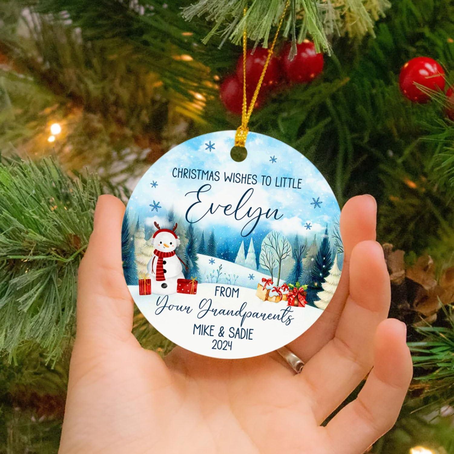 Yanria Christmas Wishes to Little from Your Grandparents Ornaments 2024, Personalized Grandkids Christmas Tree 2024 Ornaments, Custom Xmas Keepsake Gifts for Grandchildren from Grandparents with Name & Year
