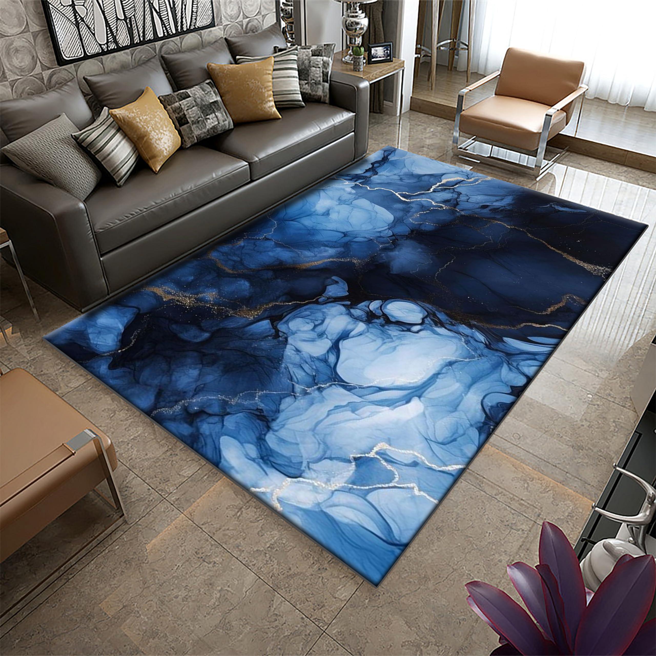 PDENZG Navy Blue Marble Area Rug, 5x6ft, Marble Gold Gilt RugTie-Dye Liquid Abstract Art Bedroom Decoration Carpetfor Living Room Bedroom Washable Soft and Non-Slip Dining Rug
