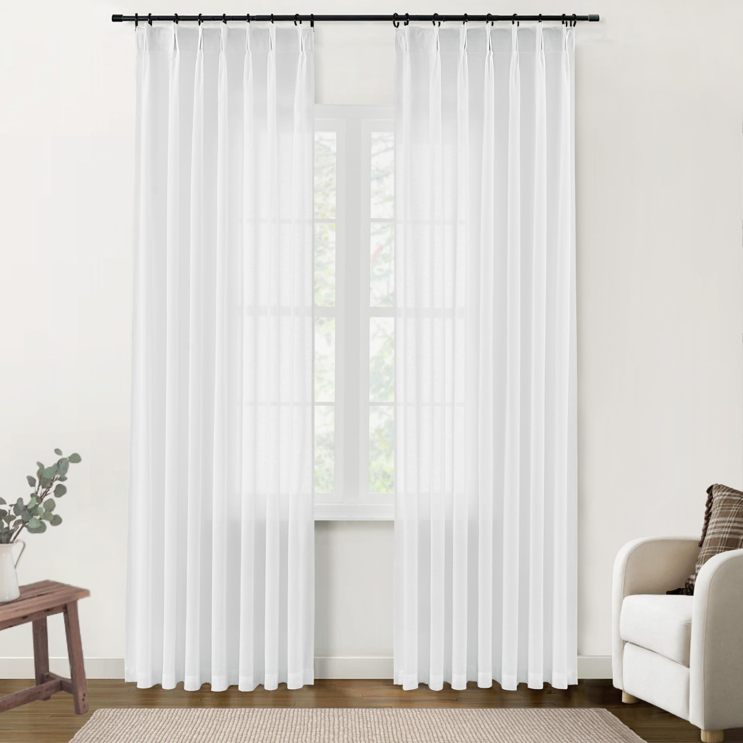 SHINELAND SHINELAND 102 Inch Long White Curtains Drapes for Living Room,Pinch Pleated Linen Sheer Extra Long Ceiling Curtains,102 in Length