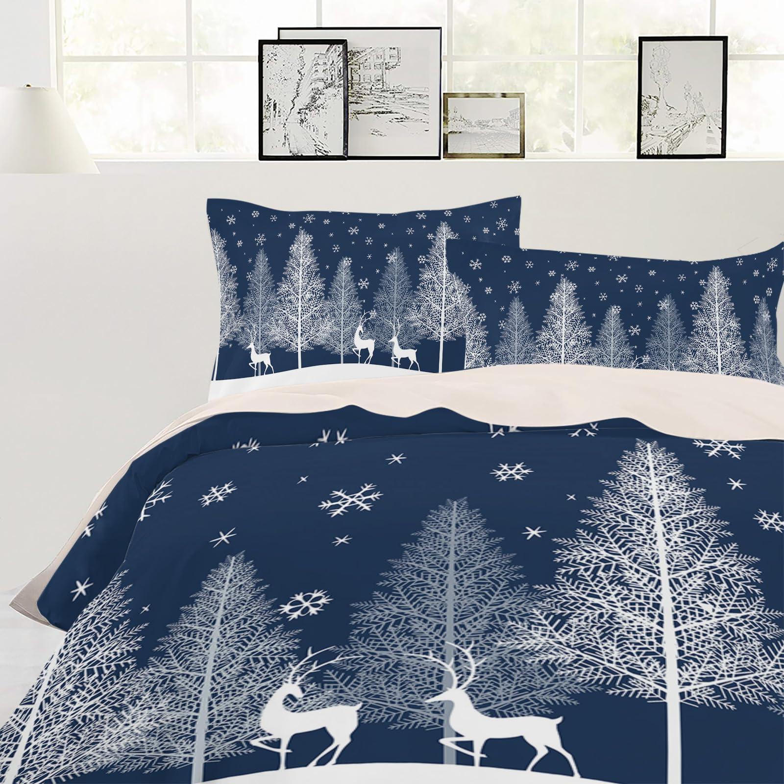 Debedcor Blue Christmas Tree Duvet Cover Queen Size, Xmas Elk Winter Snowflake Comforter Cover with Zipper Closure, 3 Piece Bedding Sets 1 Duvet Cover 90x92 Inches and 2 Pillow Shams