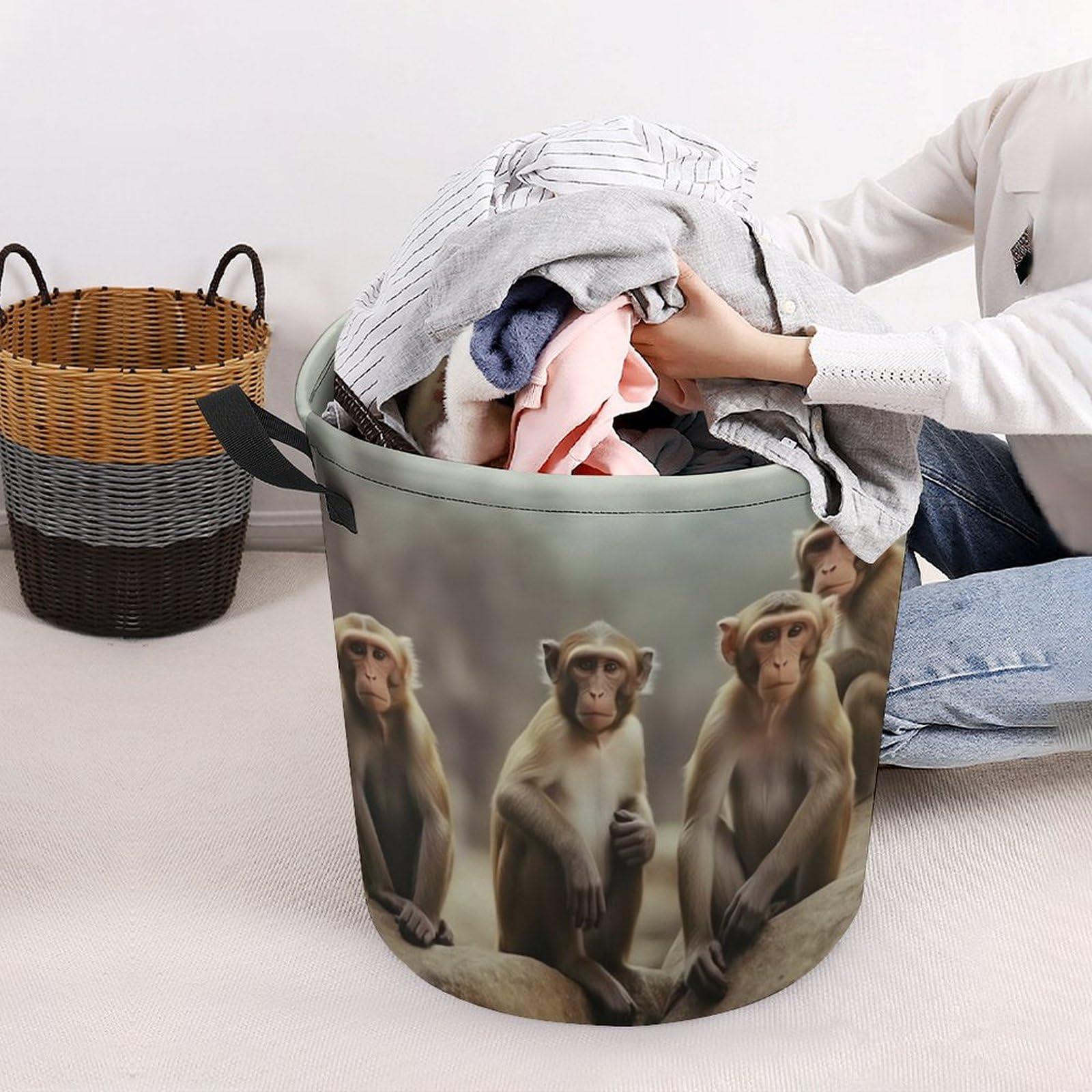 LFDSEPYM LFDSEPYM Laundry Hamper Large Laundry Basket Round Laundry Hampers with Handles Sitting Monkey Dirty Clothes Hamper Storage Basket for Family Bedroom Decoration