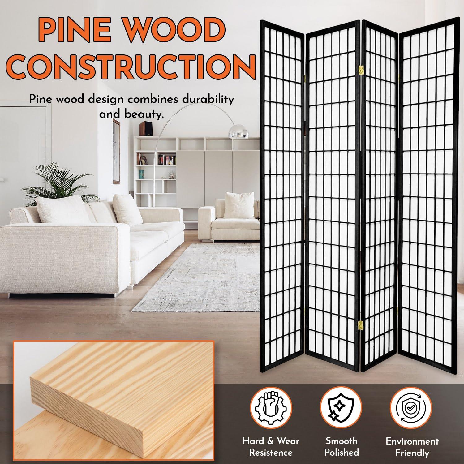 Legacy Decor Legacy Decor 4 Panels Room Divider - Portable & Foldable Freestanding Room Privacy Screen - 6ft Tall Shoji Style Dressing Screen - Temporary Wall Partition for Home, Office & Studio - Black