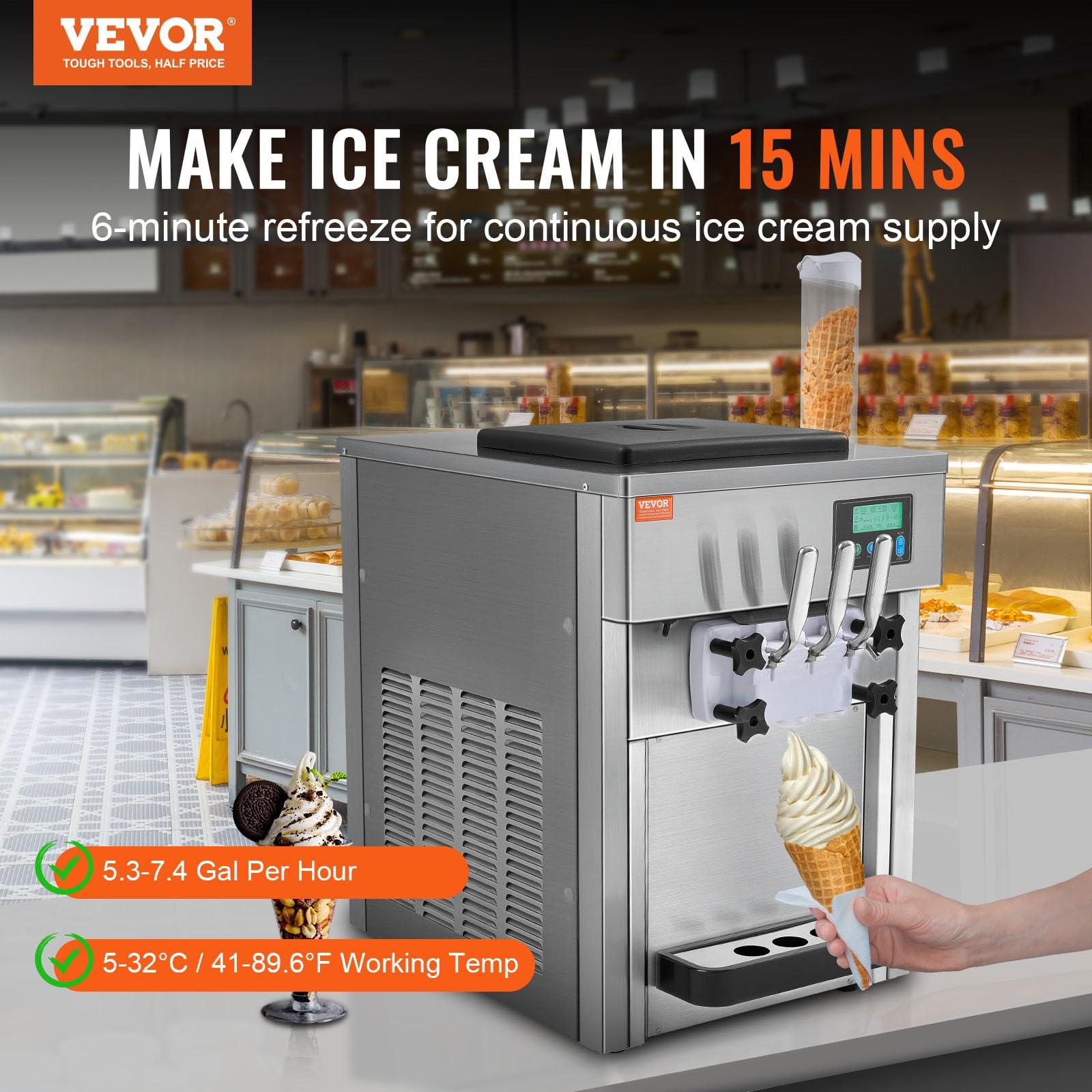 VEVOR VEVOR Commercial Ice Cream Machine, 21 QT/H Yield, 1800W 3-Flavor Countertop Soft Serve Ice Cream Maker, 2 x 4L Hopper 2 x 1.8L Cylinder, LCD Panel Auto Clean Pre-cooling, for Restaurant Snack Bar