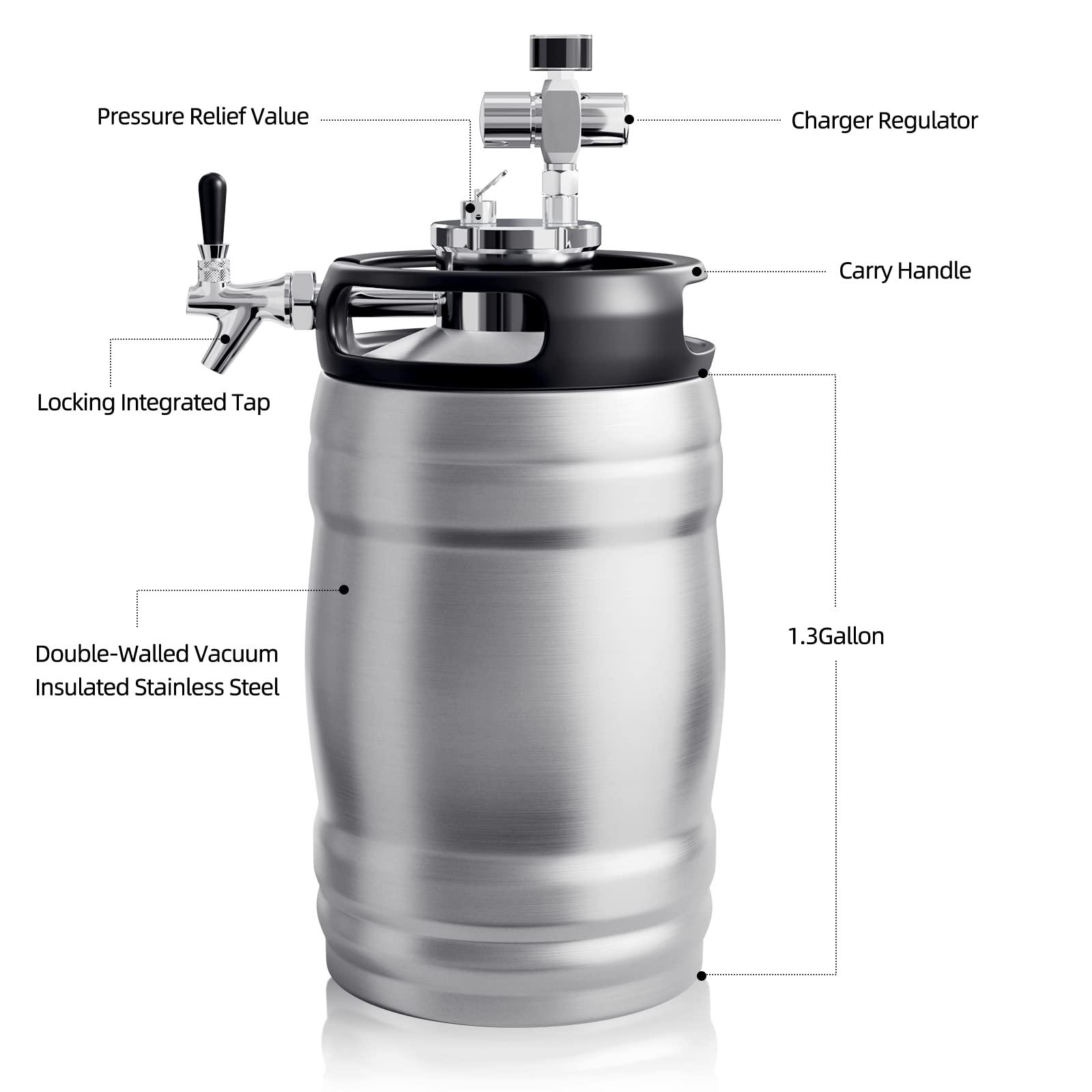 TMCRAFT TMCRAFT 1.3 Gal Double-Walled Beer Keg Growler, Pressurized Home Beer Dispenser System with Detachable Keg Spear Keep Fresh and Carbonation for Craft Beer Draft/Homebrew