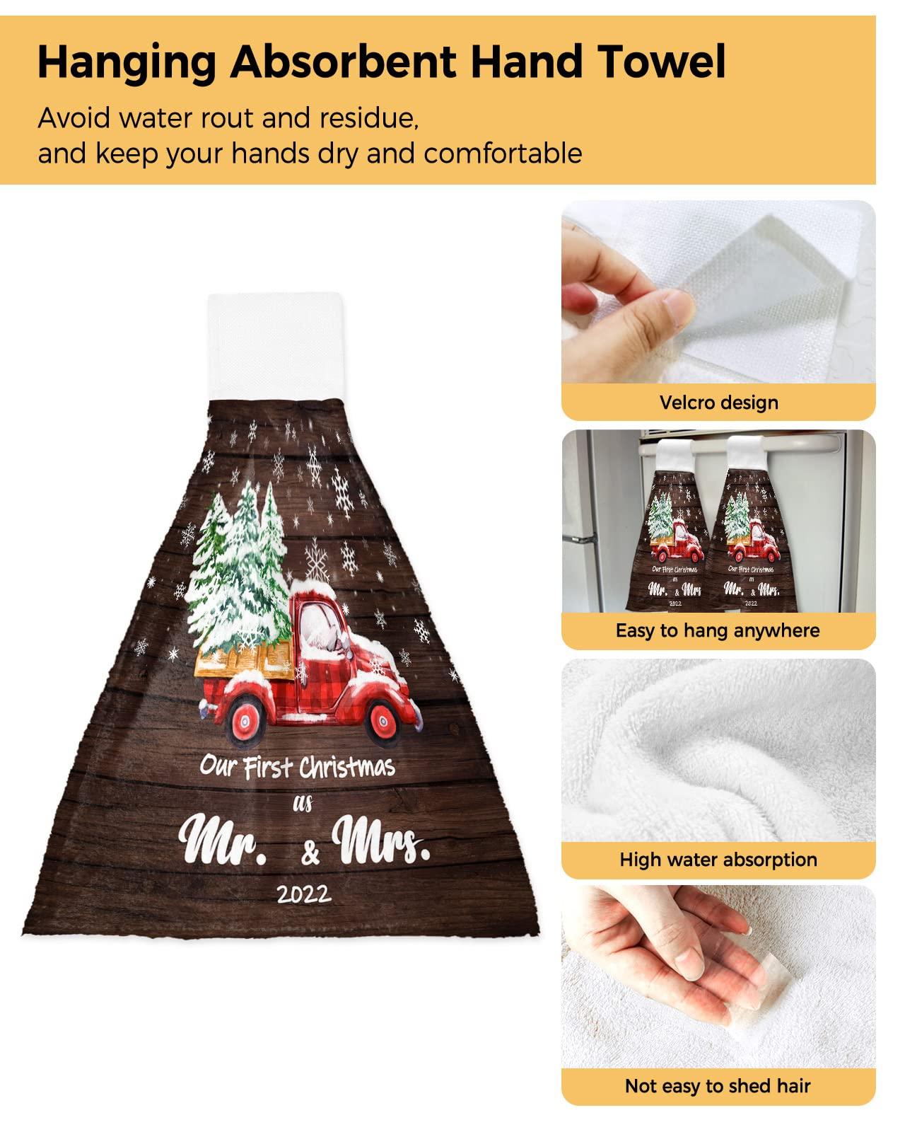 Kewadony Kewadony 1 Pack Hanging Kitchen Hand Towels, 2022 Christmas Hand Tie Towels with Hanging Loop, Red Truck Xmas Tree Snowflake Retro Wood Grain Soft Absorbent Towels Set for Bathroom and Kitchen