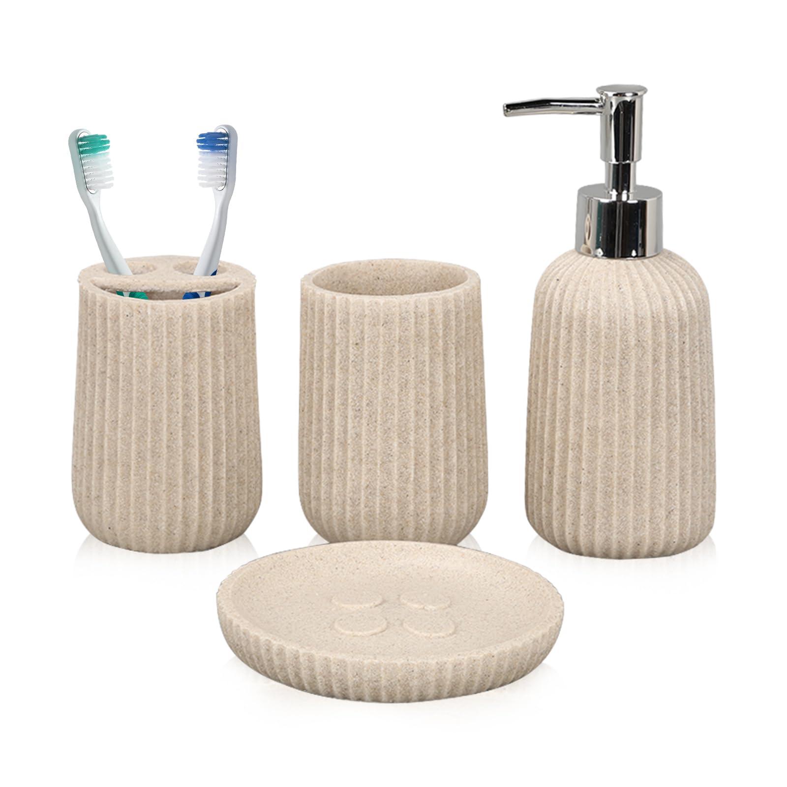 Tefola Tefola Beige Bathroom Accessories Set, 4 Pcs Resin Gift Set Apartment Necessities with Soap Dispenser,Toothbrush Holder,Bathroom Tumbler,Soap Dish for Vanity Countertop Accessories