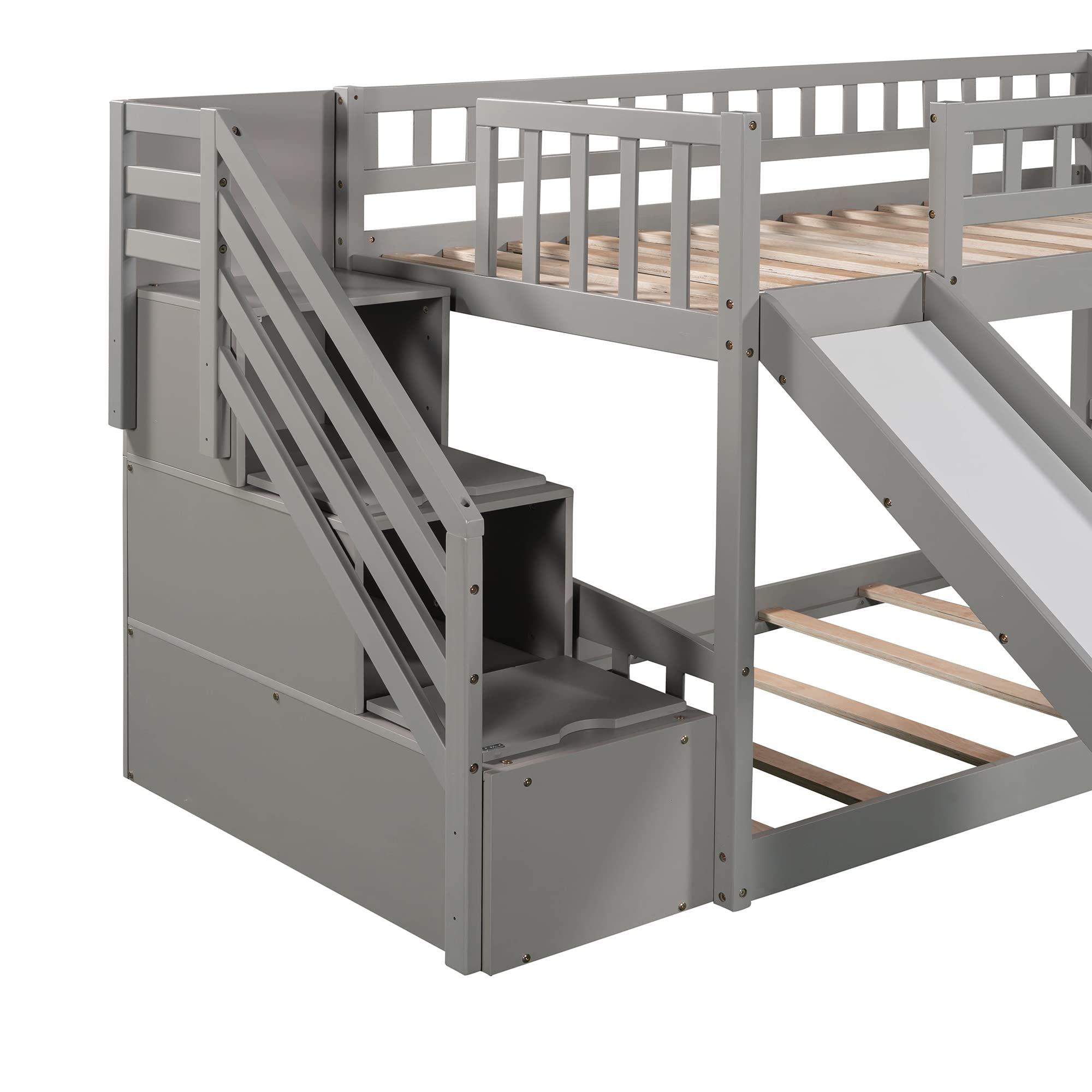 JIVOIT JIVOIT Low Bunk Bed with Two Drawers and Storage Staircase, Twin Over Twin Bunk Bed with Convertible Ladder and Slide, Wooden Stairway Bunk Bed Frame for Kids Teens Boys Girls (Gray+Stairway GZ)