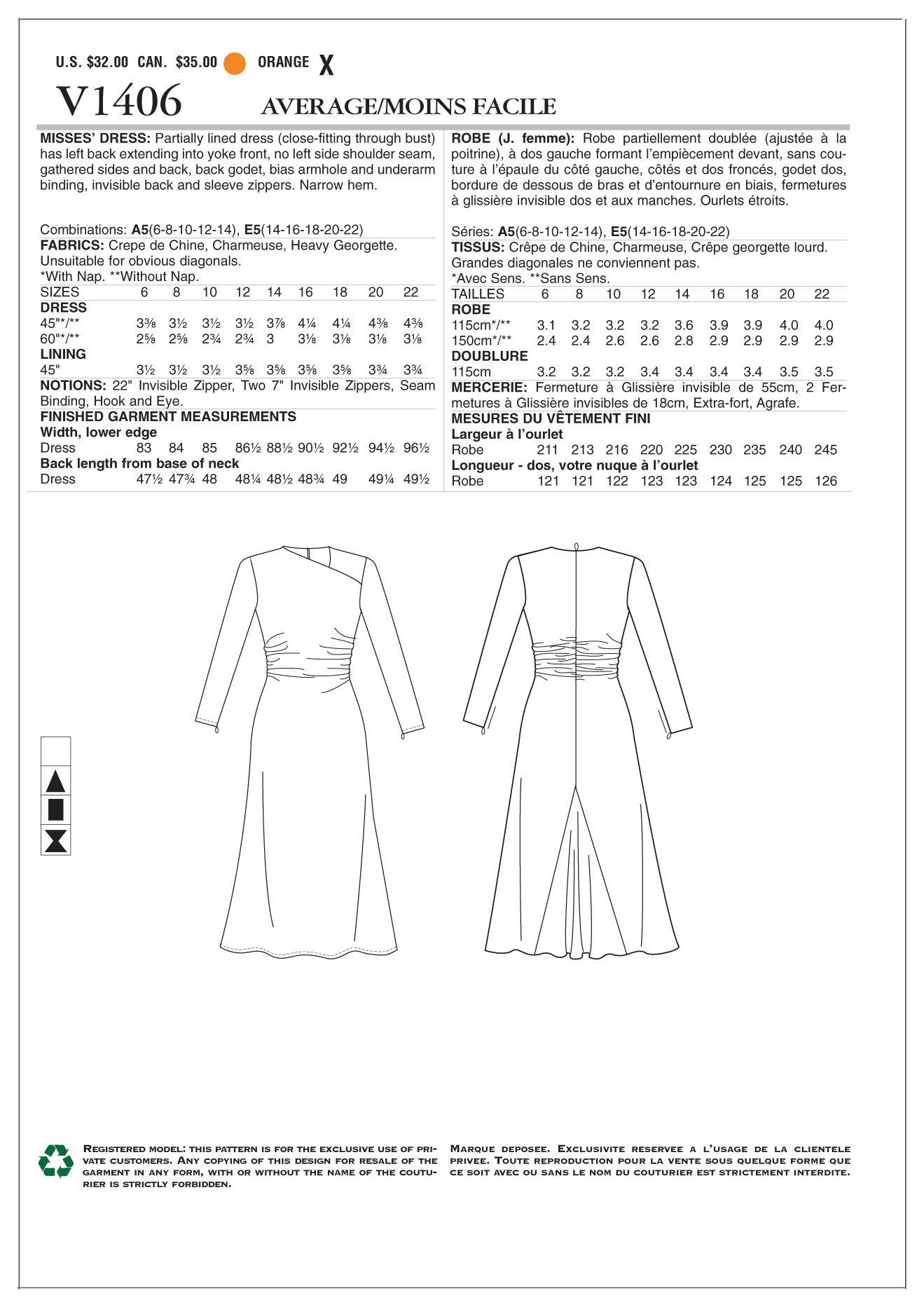 Vogue Patterns Vogue Patterns V1406 Misses\' Dress Sewing Template, Size E5 (14-16-18-20-22)