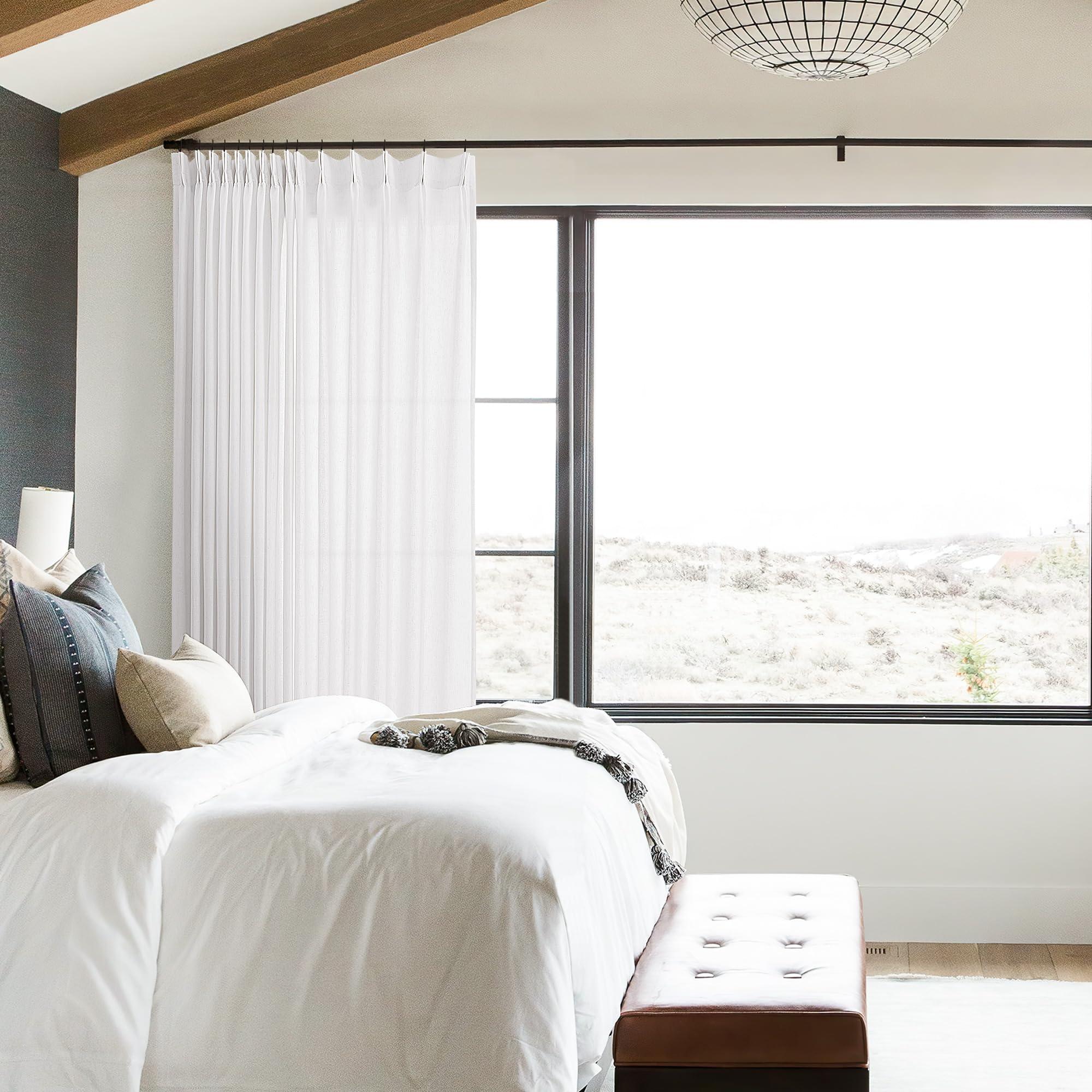 DUKIYO White Linen 100 Inch Wide Curtains 90 Inches Long for Living Room Divider Light Filtering Semi Sheer Modern Farmhouse Pleated Curtain with Hooks Rings for Patio Sliding Door Dining Room Large Window