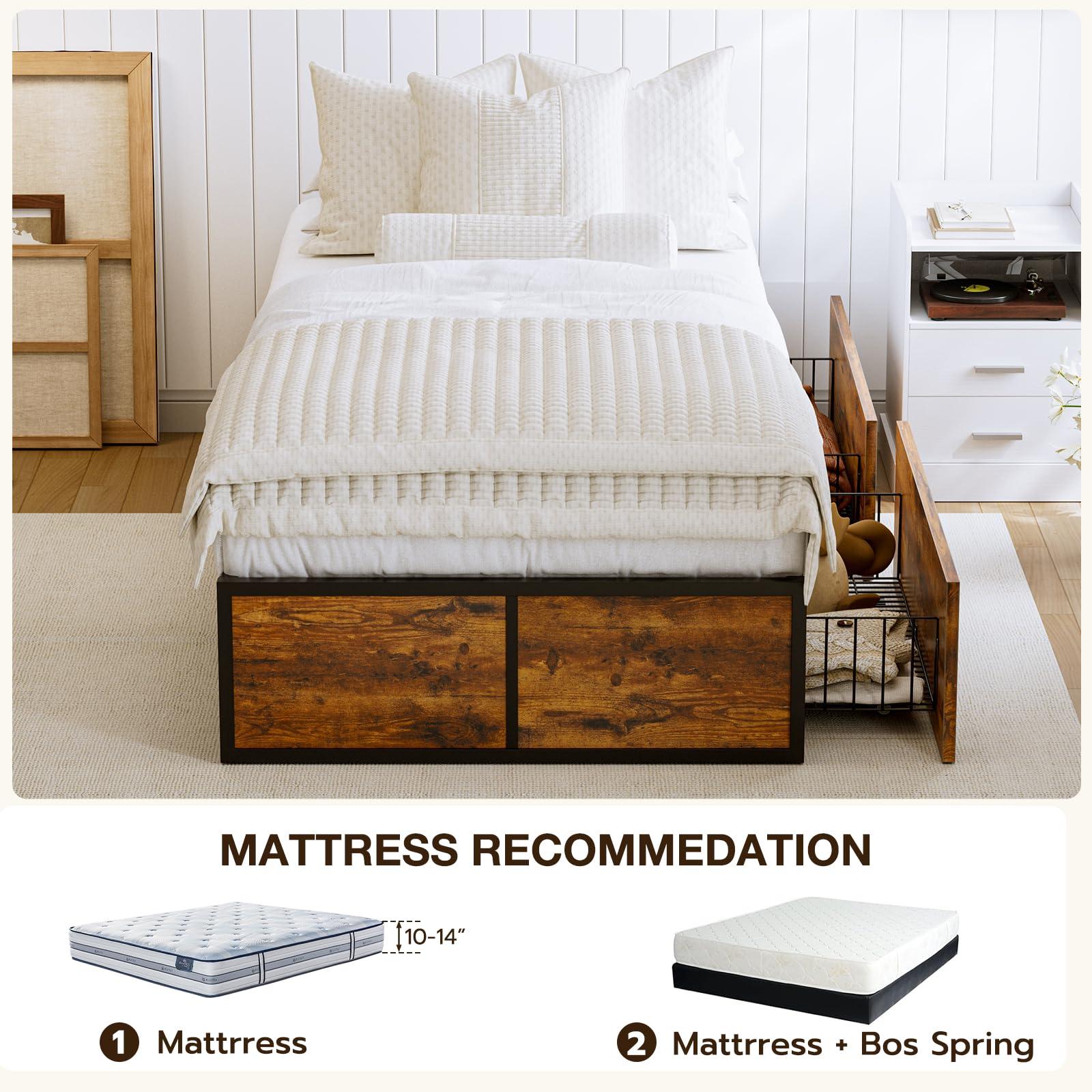 GAZHOME GAZHOME Twin XL Bed Frame with 2 XL Storage Drawers, Metal Platform Bed Frame with Footboard, 9 Strong Metal Slat Support/No Box Spring Needed/Easy Assembly/Space Saving Wood