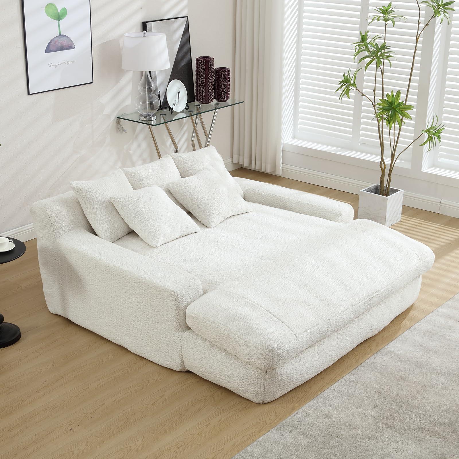 GEEVIVO Oversized Chaise Lounge Chair Indoor,52" Upholstered Cozy Chenille Sofa,Comfy Cloud Sofa with 5 Pillows,Modern Lounge Couch,Deep Seat Sofa,Loveseat Sleeper Chair Sofa Bed for Living Room(White)