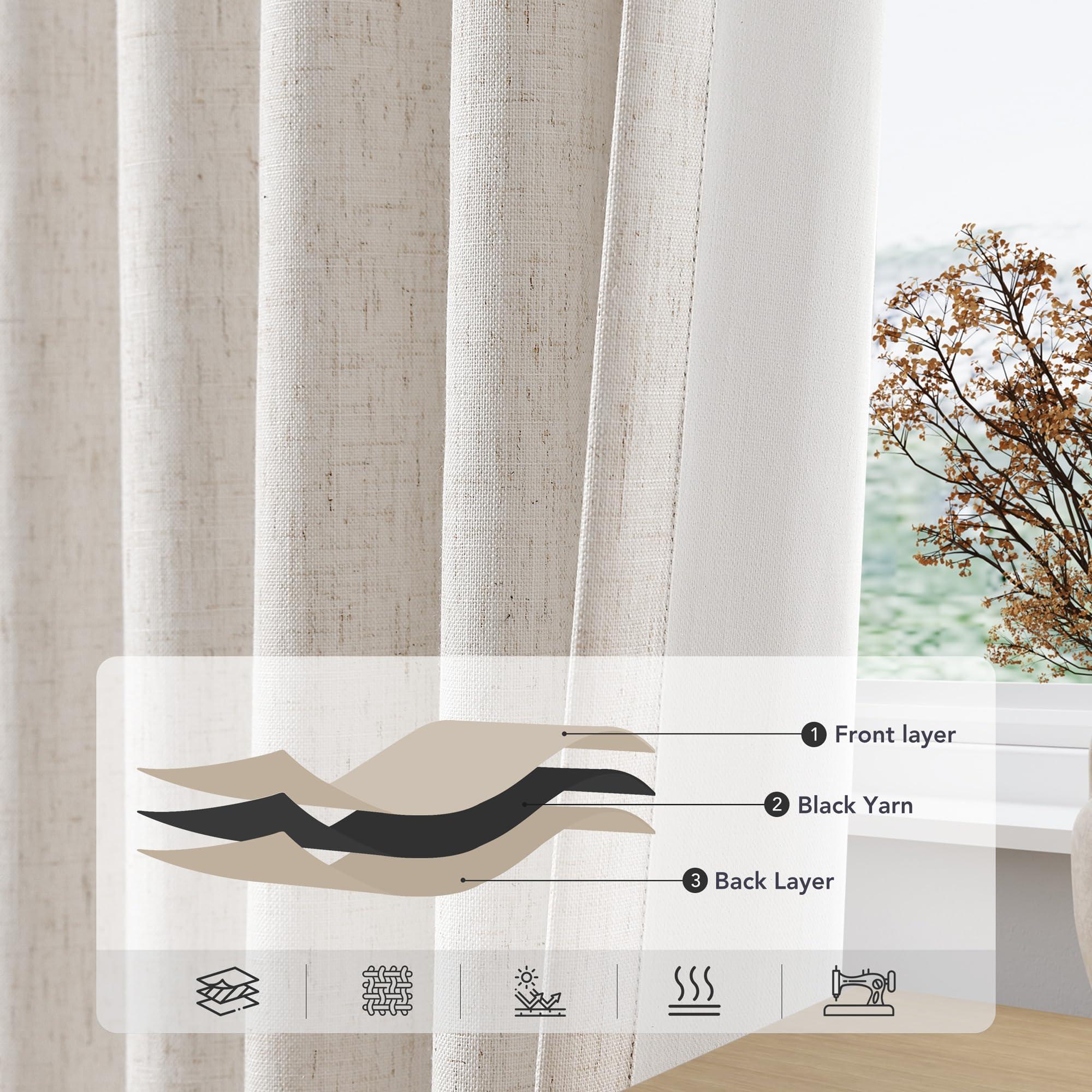 Nanspring 100% Blackout Linen Curtains for Bedroom Thermal Insulated Grommet Complete Blackout Drapes 84 Inch Length 2 Panels Set Heat and Full Light Blocking Living Room Darkening Curtains Earthy Tone Beige