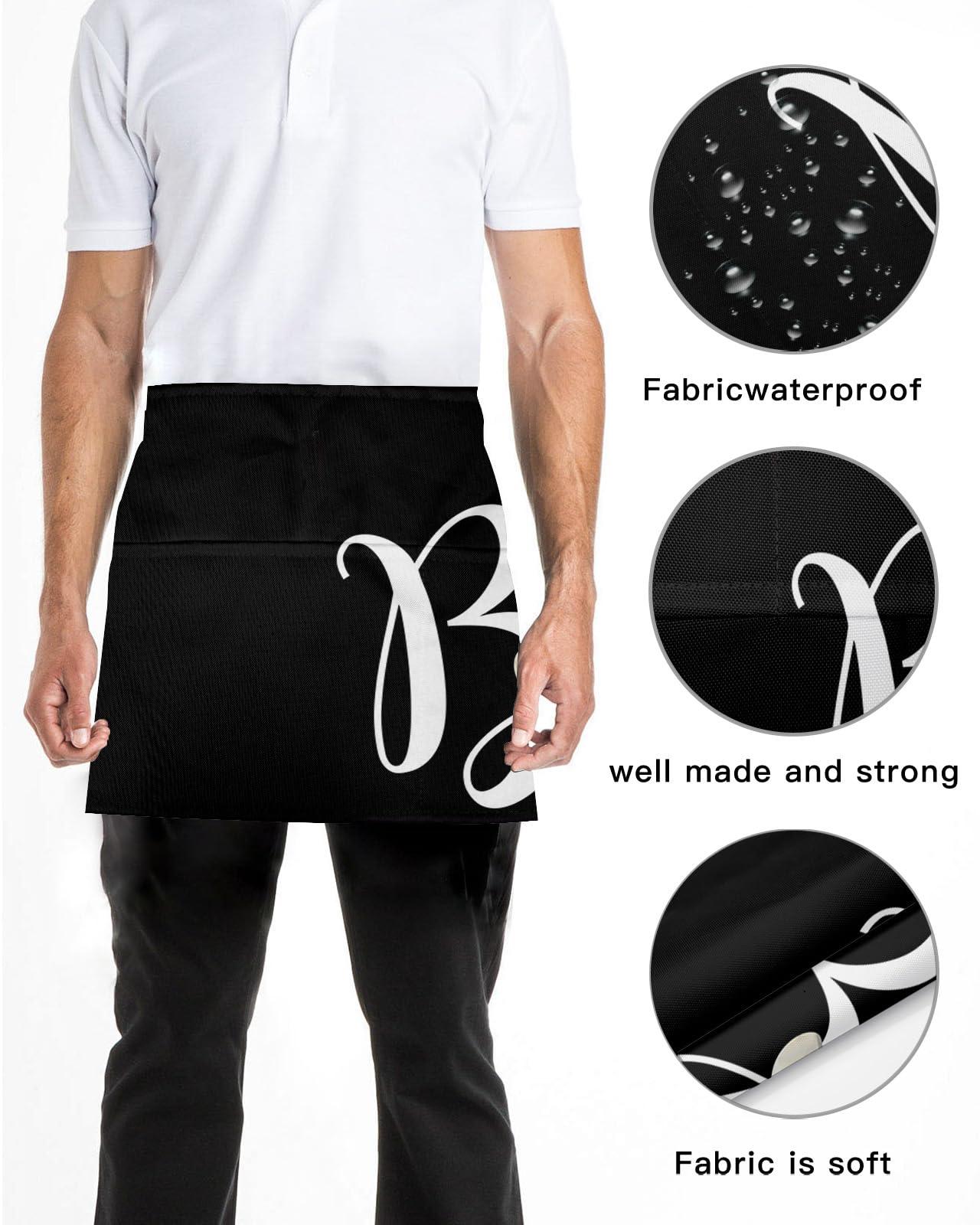 Anzona Halloween Server Aprons with 3 Pockets, White Boo Ghost Classic Black Waist Aprons for Women Men, Waitress Waiter Half Apron for Kitchen Chef Cooking