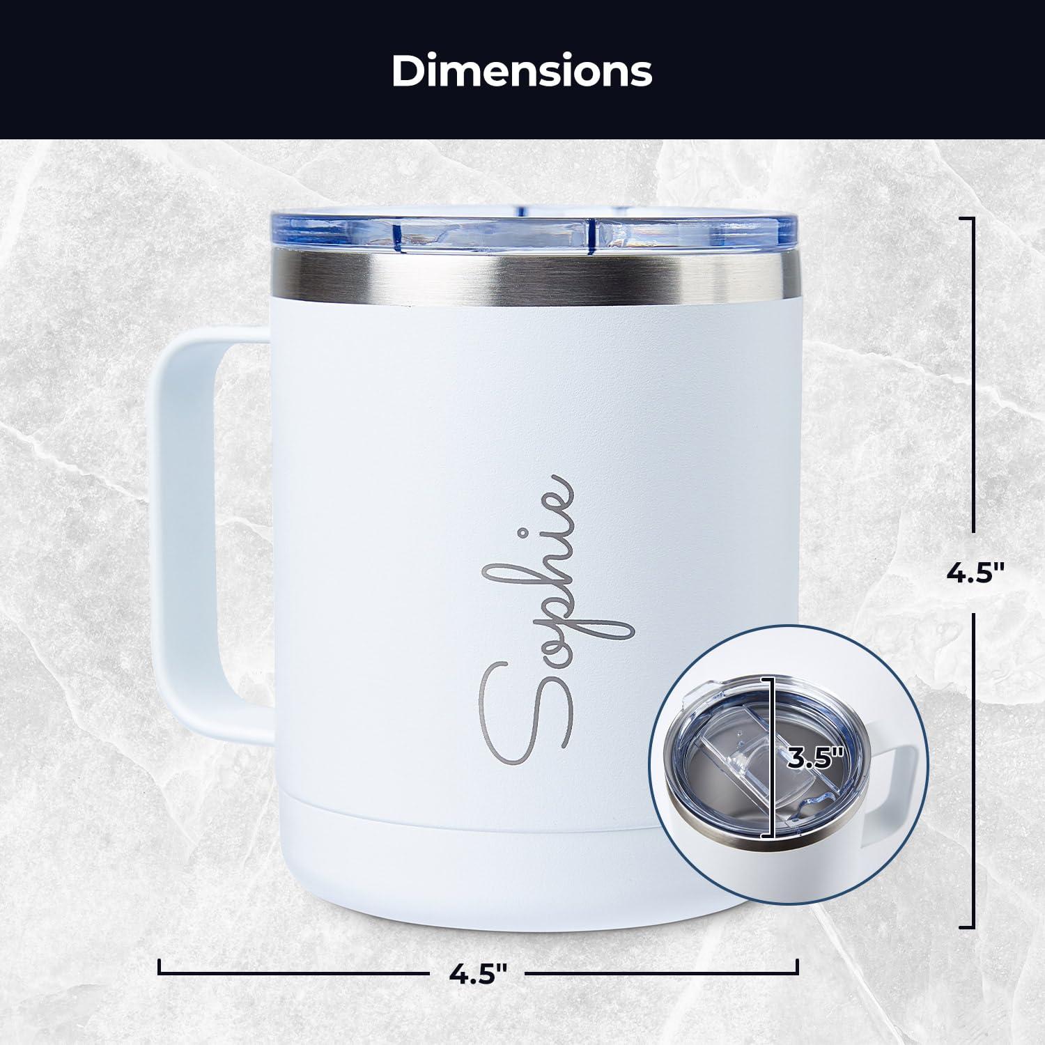 GAM CREATIVE GAM Personalized Insulated Coffee Mug - Laser Engraved - 10 oz Coffee Mug - Stainless Steel Customizable Tumbler with Handle Birthday Monogram Coffee Mug with Name, Custom Gift for Bridal Party, White