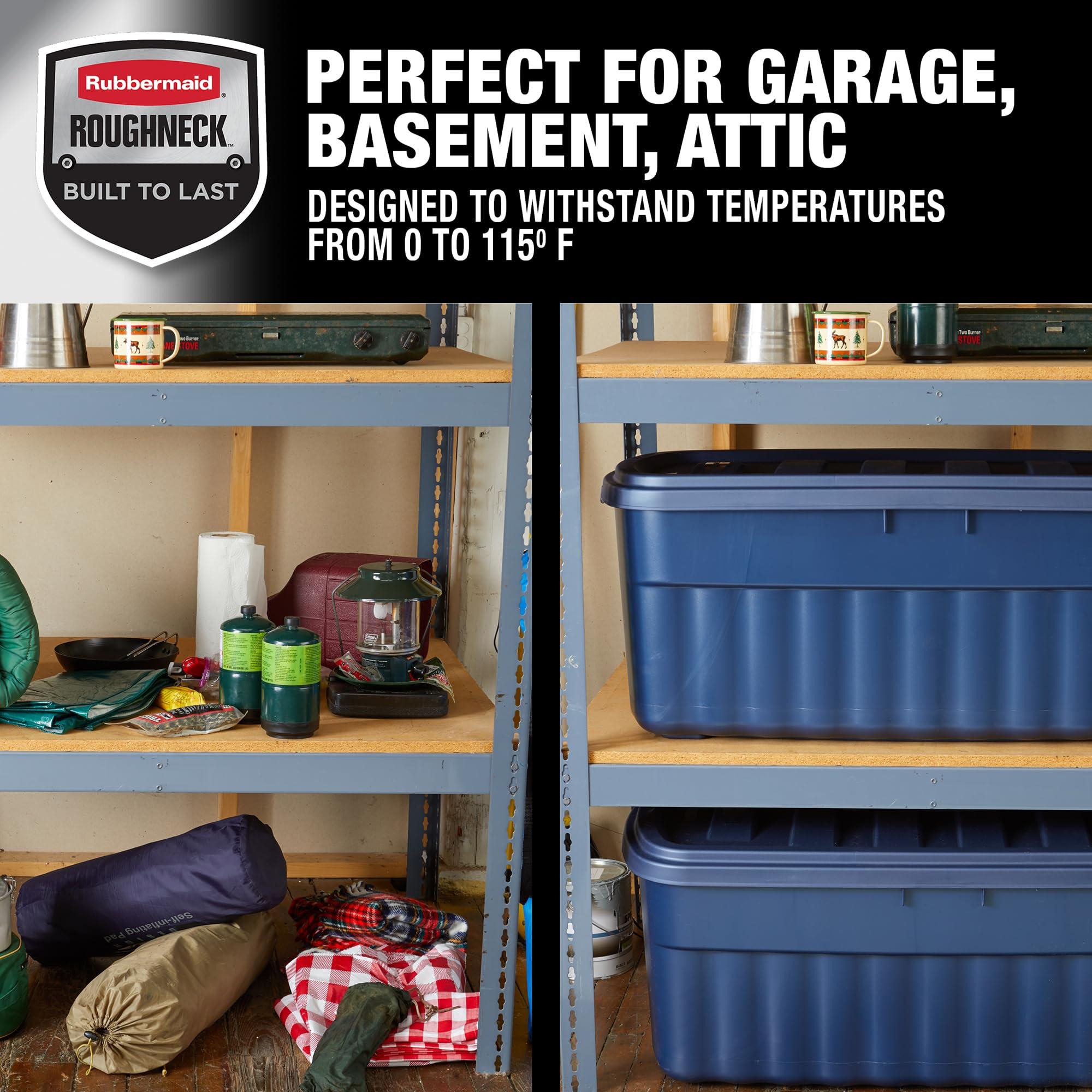 Rubbermaid Rubbermaid Roughneck Tote 50 Gal, 2 Pack, Made in USA, Dark Indigo Metallic, Rugged Plastic Stackable Storage Bins with Lids and Handles