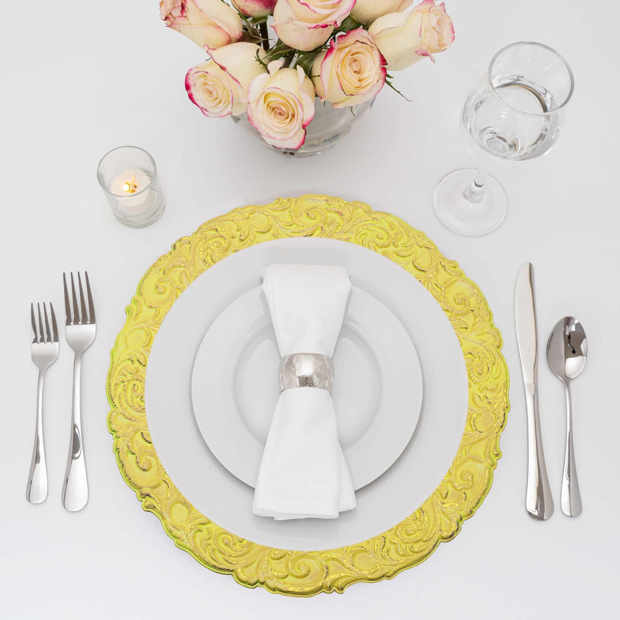 Simply Elegant Simply Elegant Antique Look Plastic Charger Plate | Service Plate for Parties, Dinner, Weddings, Quinceaneras and Events | 13 inch Diameter | Mustard- Gloss Finish | Set of 12