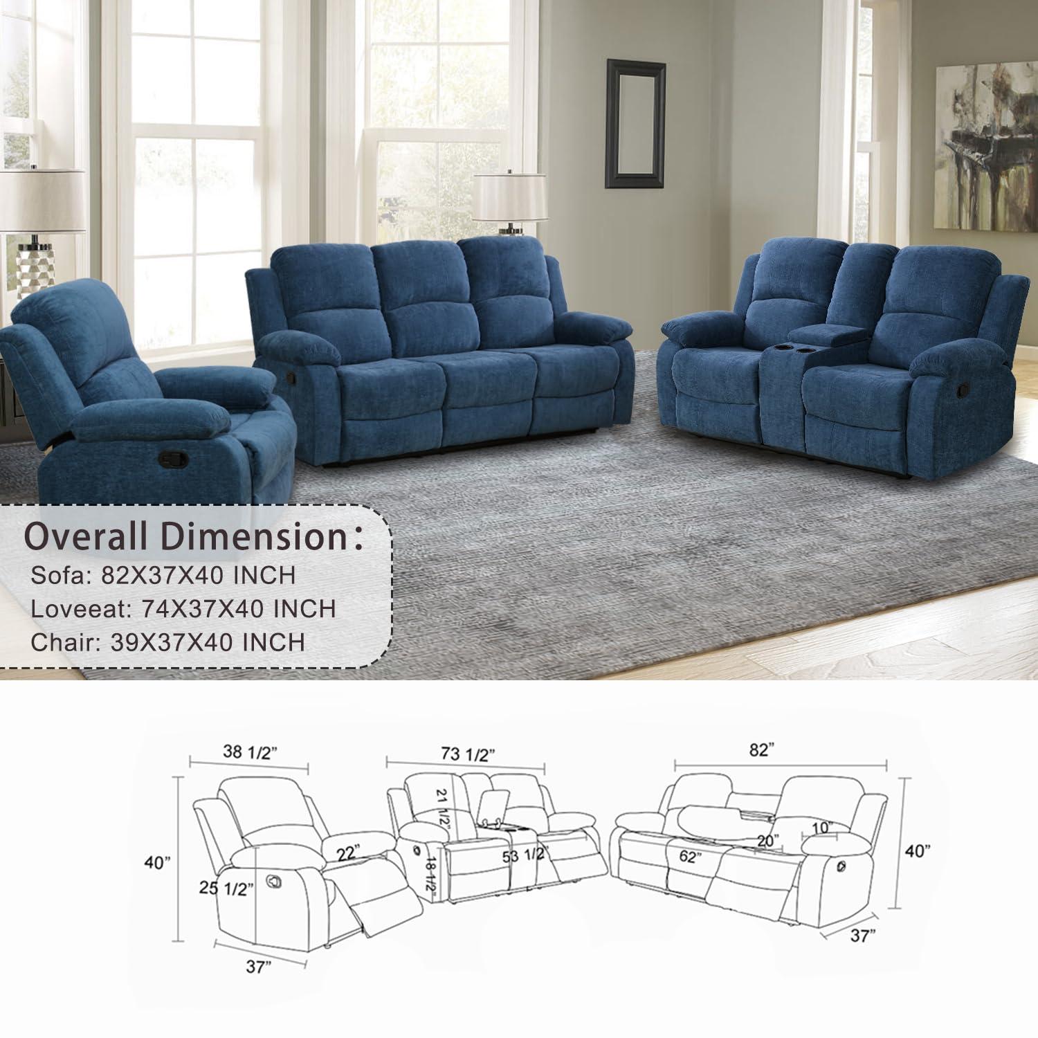 GEBADOL GEBADOL Manual Recliner Sofa, 3 Seater Reclining Sofa, Blue Flannel Recliner Couch for Living Room
