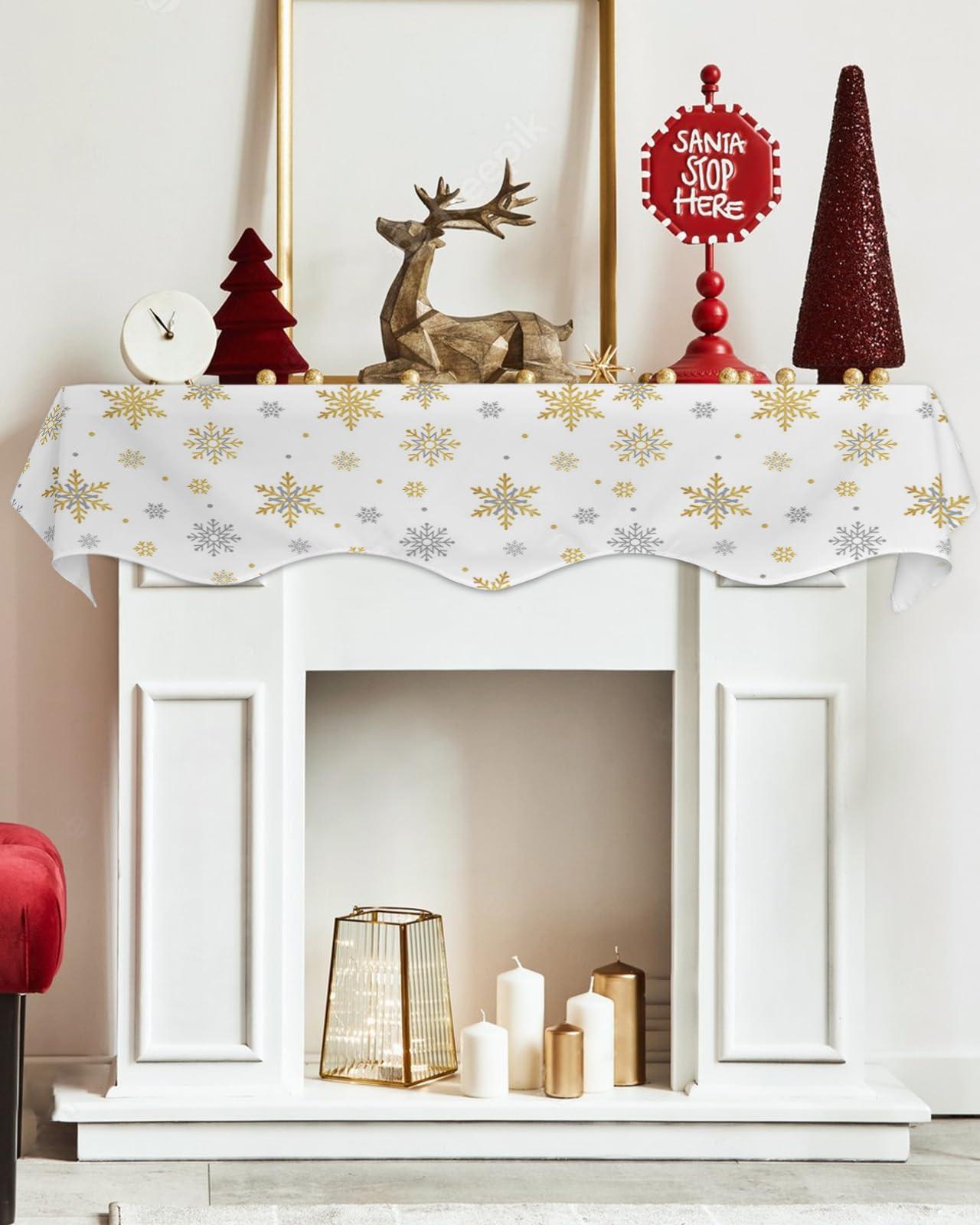 Chees D Zone Fireplace Scarf Christmas Gold Grey Snowflake White Mantel Scarf Fireplace Top Runner Mantle Scarves Cover,Winter Abstract Snow Fireplace Mantle Table Runner for Party Holiday Home Decor 90x17in