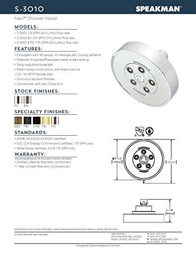 Speakman Speakman S-3010-BN Neo Anystream 3-in-1 Shower Head, Brushed Nickel, 2.5 GPM, 3 Settings - Adjustable Flow and Pressure, Self-Cleaning Plungers
