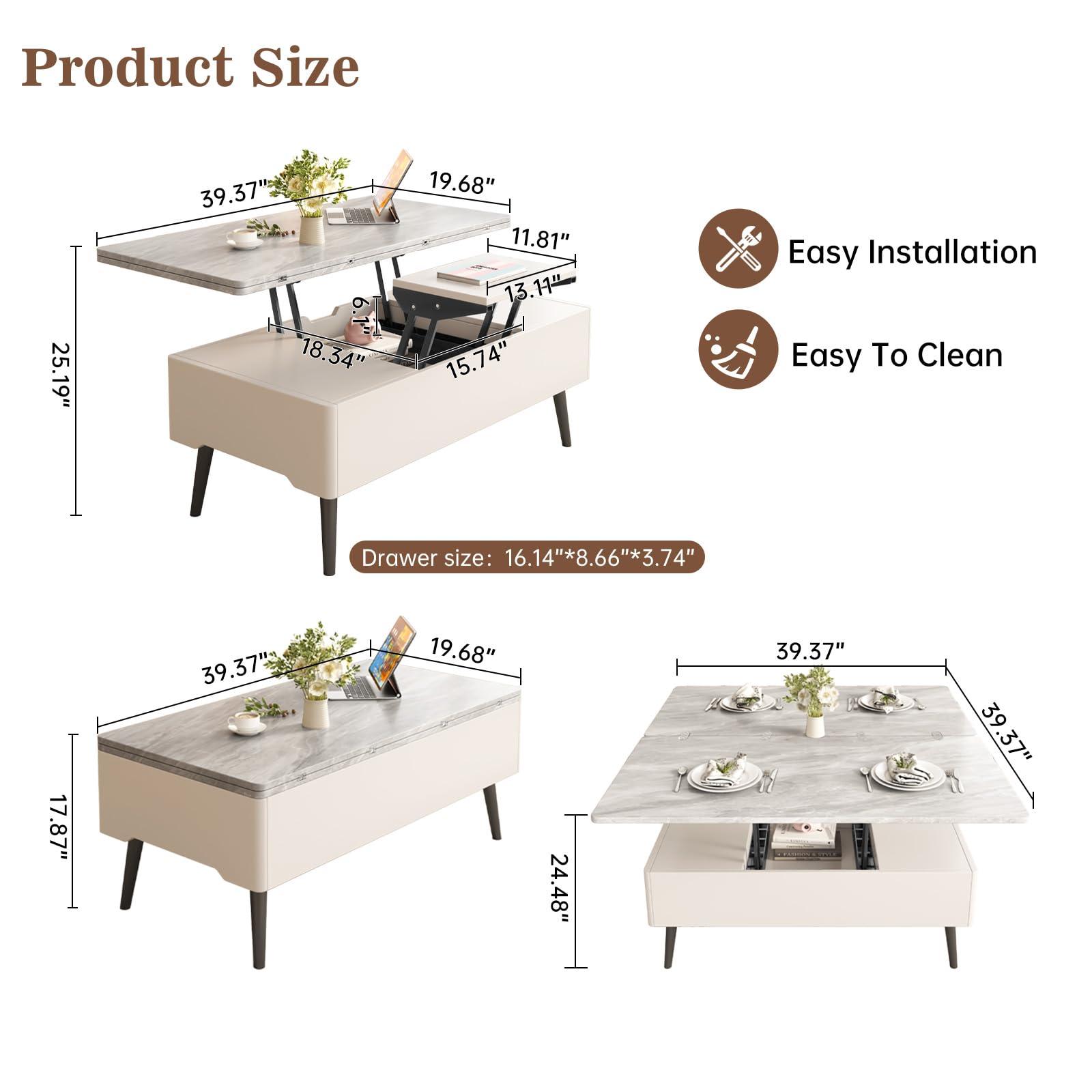 Guyii Guyii Lift Top Extendable Coffee Table with Storage, 3 in 1 Multi-Function Coffee Table Center Table with Hidden Compartment, Modern Rectangle Dining Table for Living Room