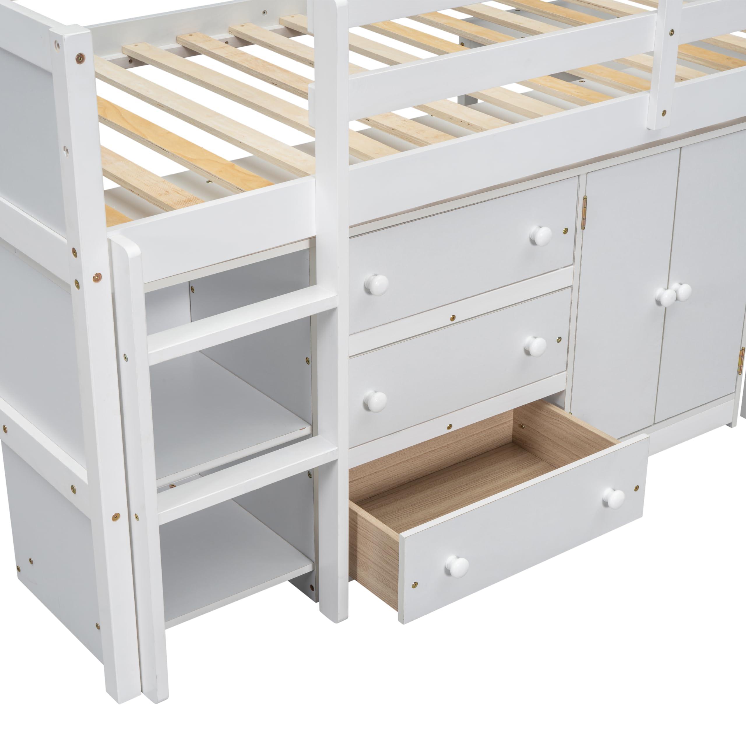 Ball & Cast Ball & Cast Twin Size Low Loft Bed Bunk with Pull-Out Desk and Drawers,Multifunctional Wood Bebframe W/Full-Length Guardrails and Storage Cabinet,Spacious Bookshelf,for Bedroom,Apartment,White