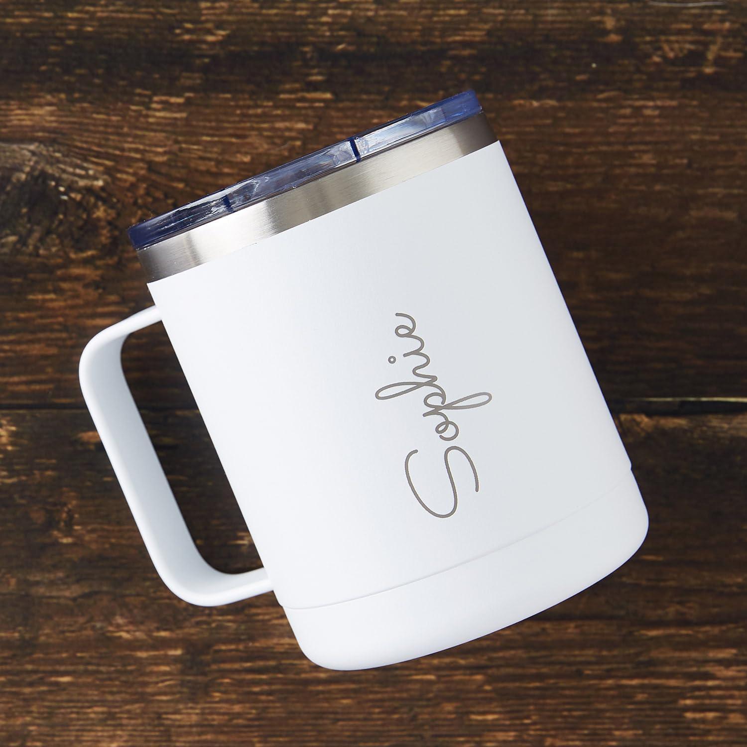 GAM CREATIVE GAM Personalized Insulated Coffee Mug - Laser Engraved - 10 oz Coffee Mug - Stainless Steel Customizable Tumbler with Handle Birthday Monogram Coffee Mug with Name, Custom Gift for Bridal Party, White