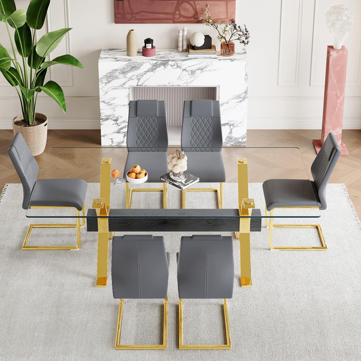 gopop 7 Piece Glass Dining Table Set, Kitchen Table Chairs Set for 6, 79'' Dining Table with 0.5" Tempered Glass Tabletop with Plated Metal Legs and MDF Crossbar, 6 PU Chairs for Dining Room, Kitchen.