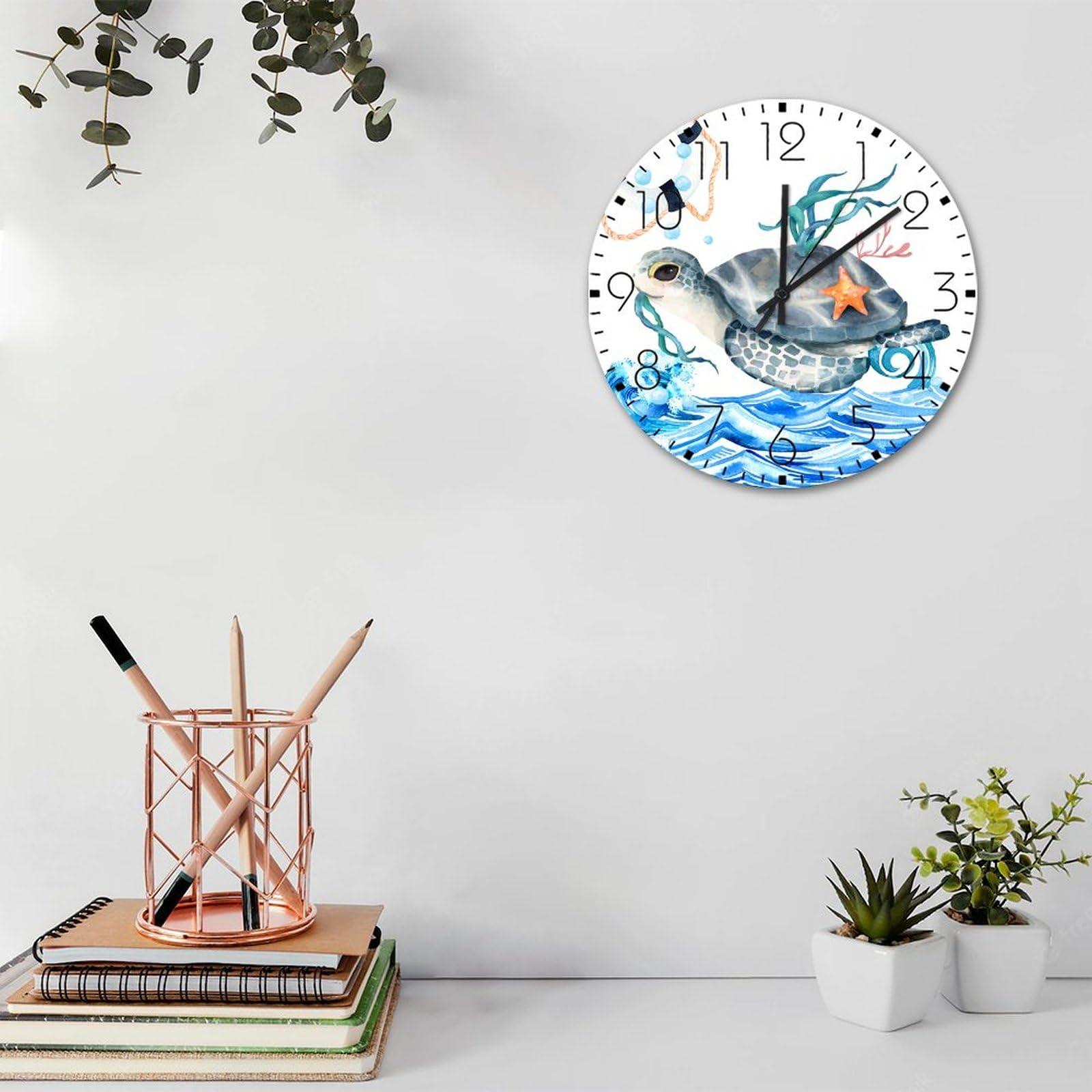 Autravelco Autravelco Wooden Wall Clock Round Silent Non-Ticking Ocean Beach Nautical Theme Underwater Sea Turtle Modern Wall Clocks Ocean Sea Animal Artwork Home Decoration for Yoga Room Home Garden 10 Inch