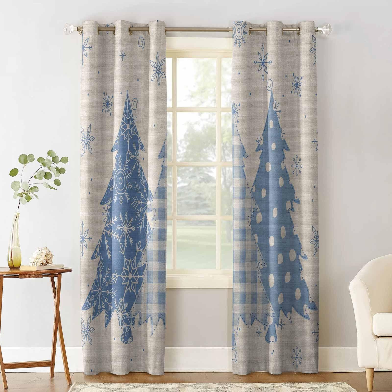 Double Love Christmas Tree Boho Blackout Curtains 84 Inches Long for Bedroom, Blue Winter Snowflakes Bohemian Thermal Insulated Room Darkening Black Out Window Curtain Panels Grommet Drapes for Living Room, 84x84